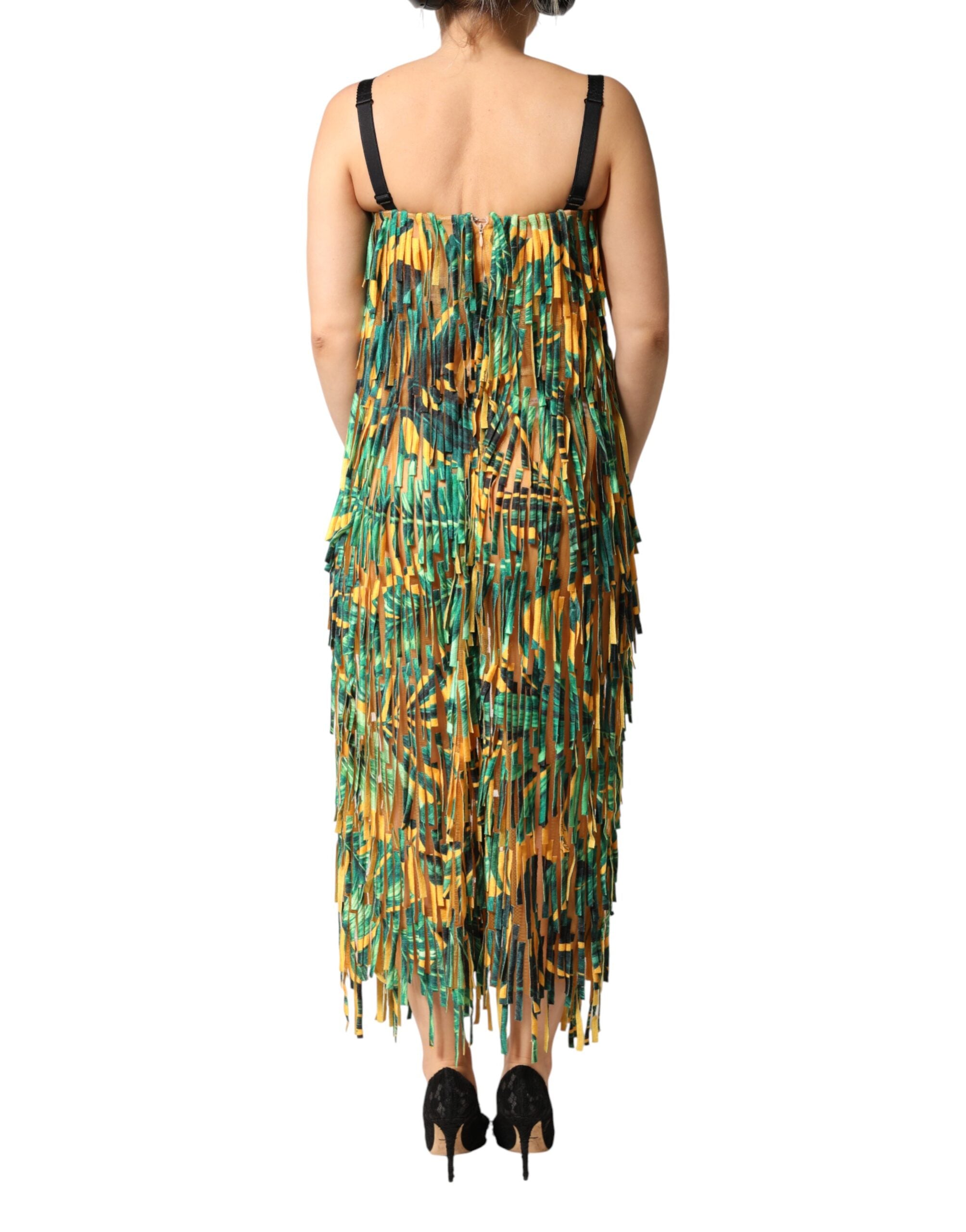 Robe longue Dolce & Gabbana à imprimé tropical multicolore avec franges, style maxi, vue de face sur fond blanc.