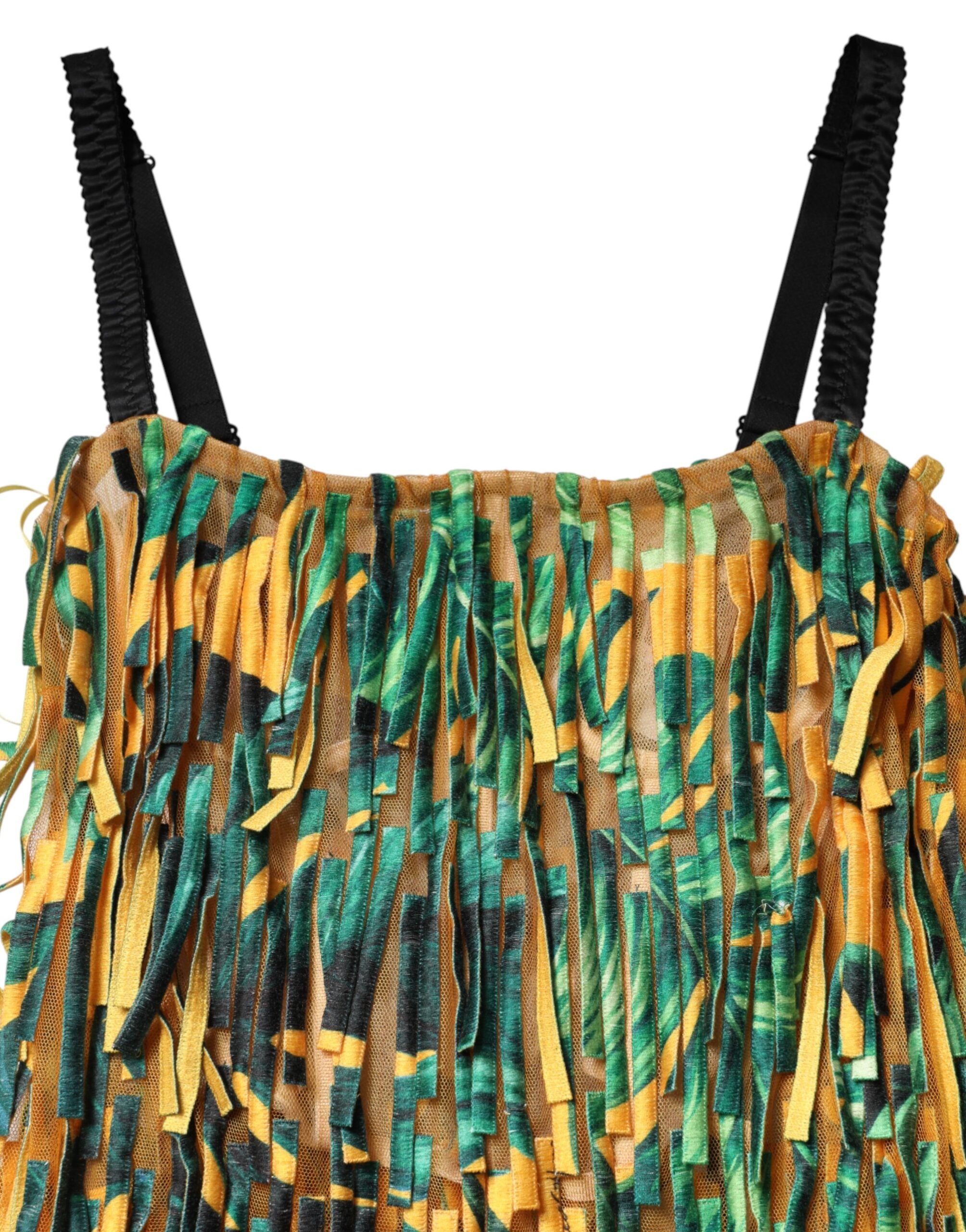 Robe maxi Dolce & Gabbana à franges avec imprimé tropical multicolore et style élégant, vue de face.