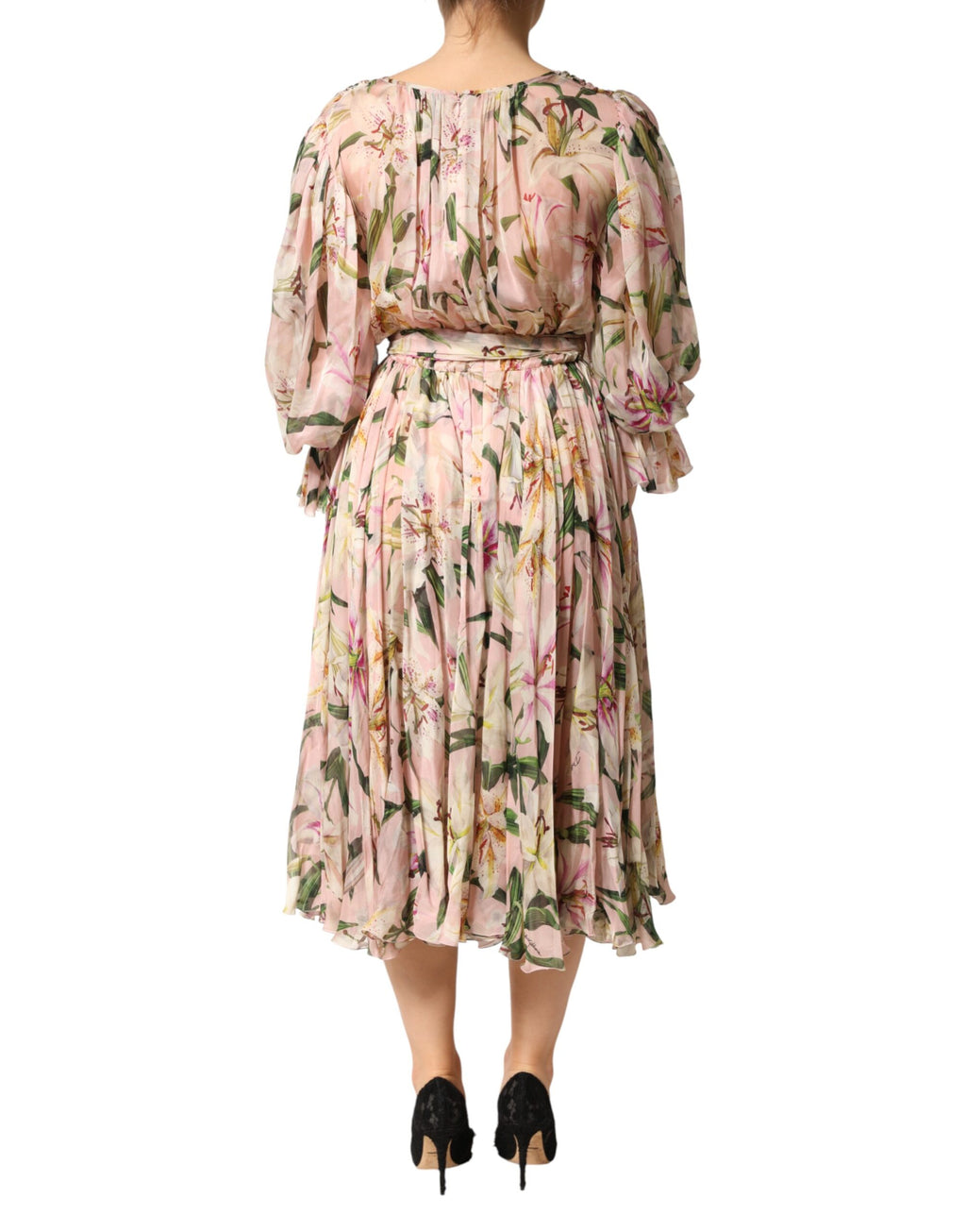 Robe longue plissée Dolce & Gabbana à imprimé de lys rose, style A-line, élégante et florale.