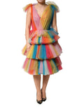 Robe midi en tulle plissé multicolore en nylon de Dolce & Gabbana, style élégant avec plusieurs couches et détails sophistiqués.