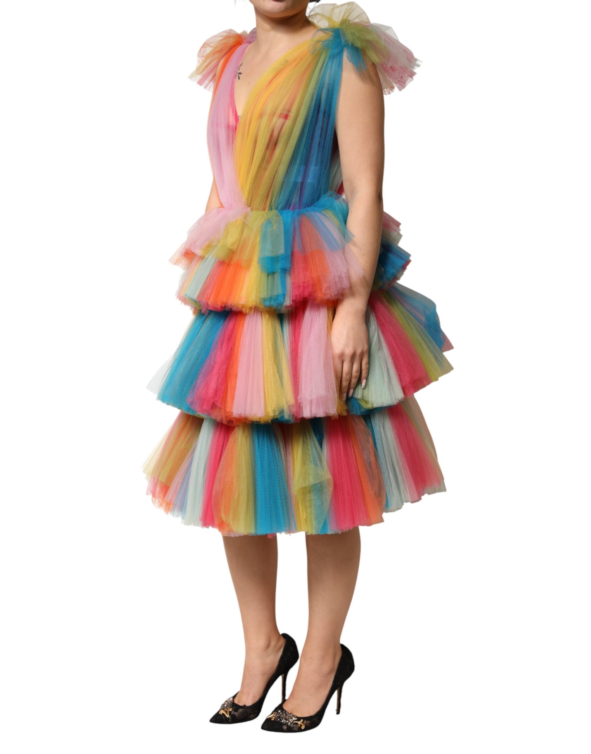 Robe midi en tulle plissé multicolore en nylon de Dolce & Gabbana, style élégant avec jupe en couches.