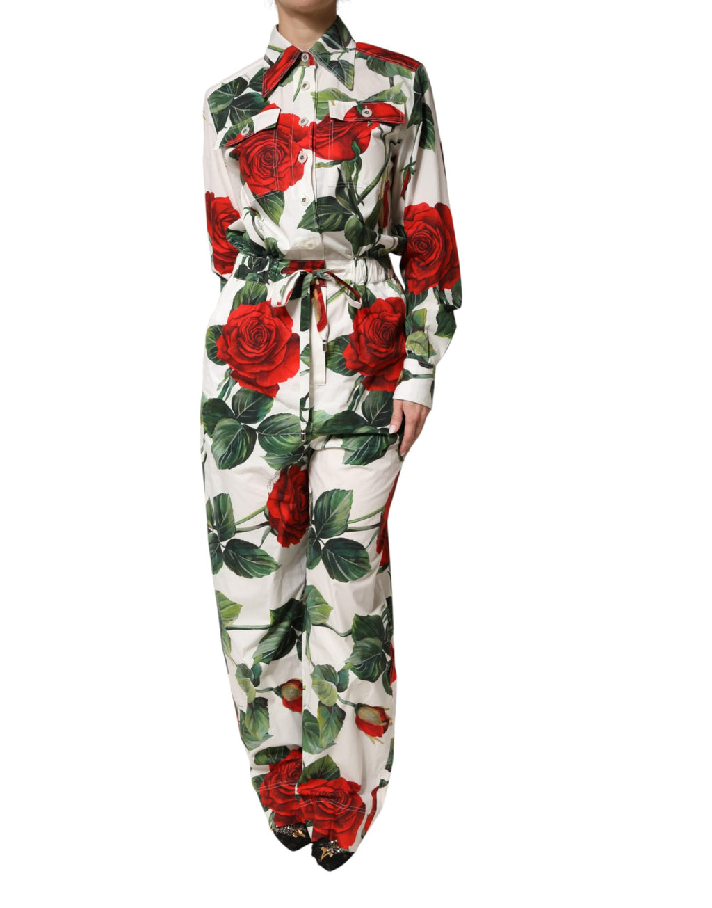 Robe-blouse blanche Dolce & Gabbana en coton avec imprimé floral, style élégant et léger, vue de l'avant.
