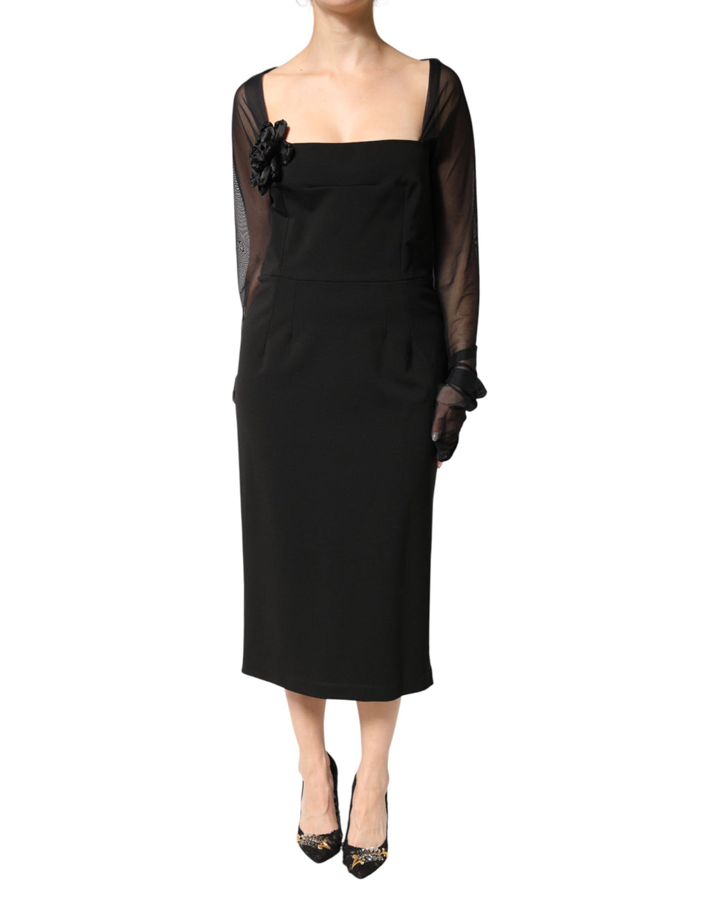 Robe midi noire Dolce & Gabbana en tulle transparent avec yoke en rosettes et coupe ajustée.