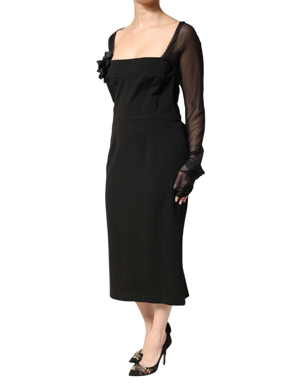 Robe midi noire en tulle avec yoke en rosace et coupe ajustée, Dolce & Gabbana, robe élégante et sophistiquée.