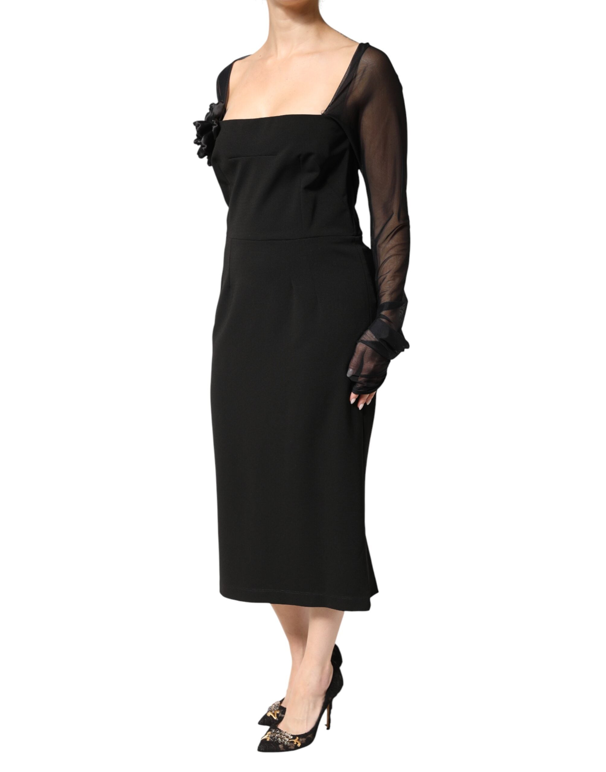 Robe midi noire en tulle avec yoke en rosace et coupe ajustée, Dolce & Gabbana, robe élégante et sophistiquée.