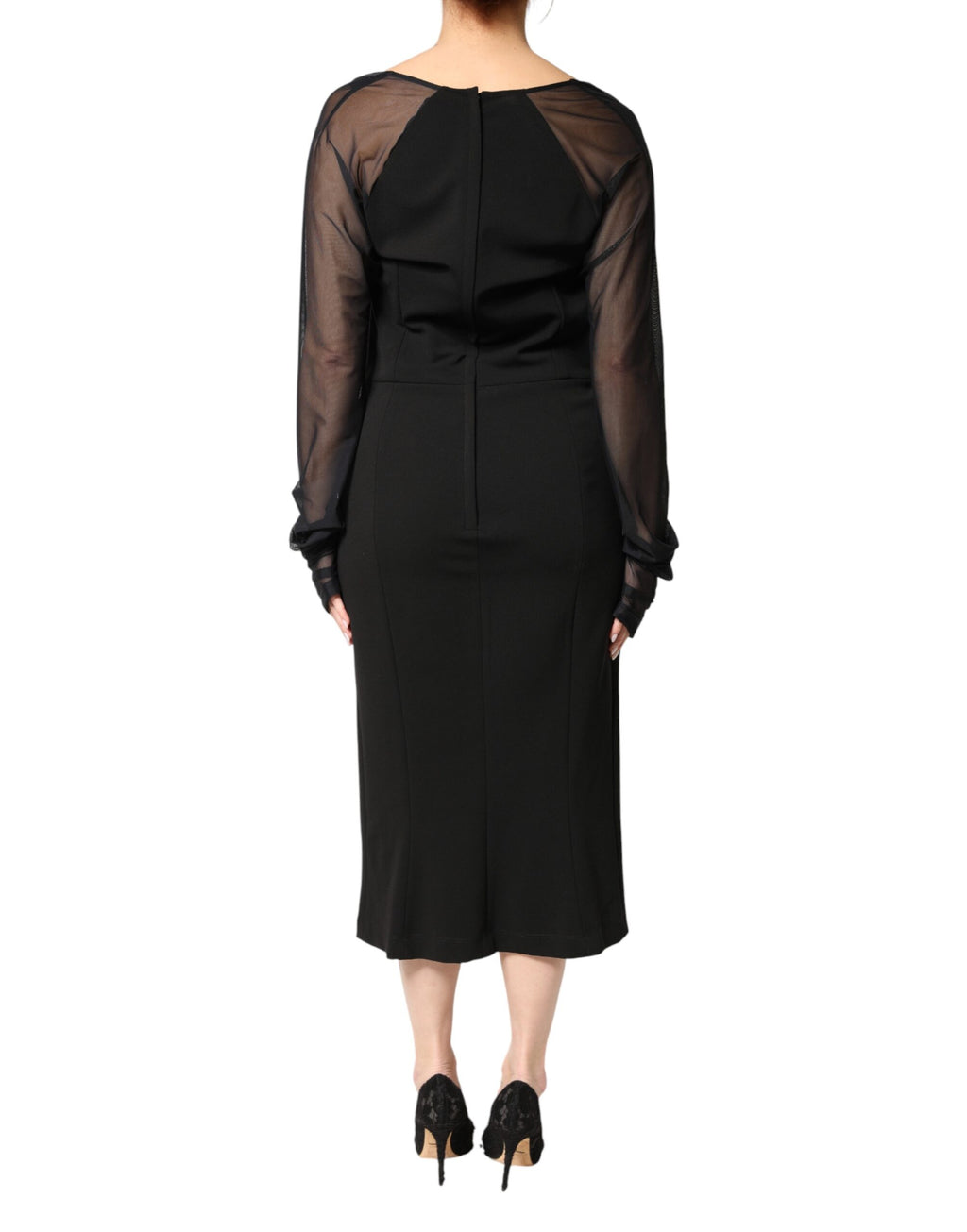 Robe midi noire en dentelle transparente avec yoke en rosettes, marque Dolce & Gabbana, ajustée et élégante.