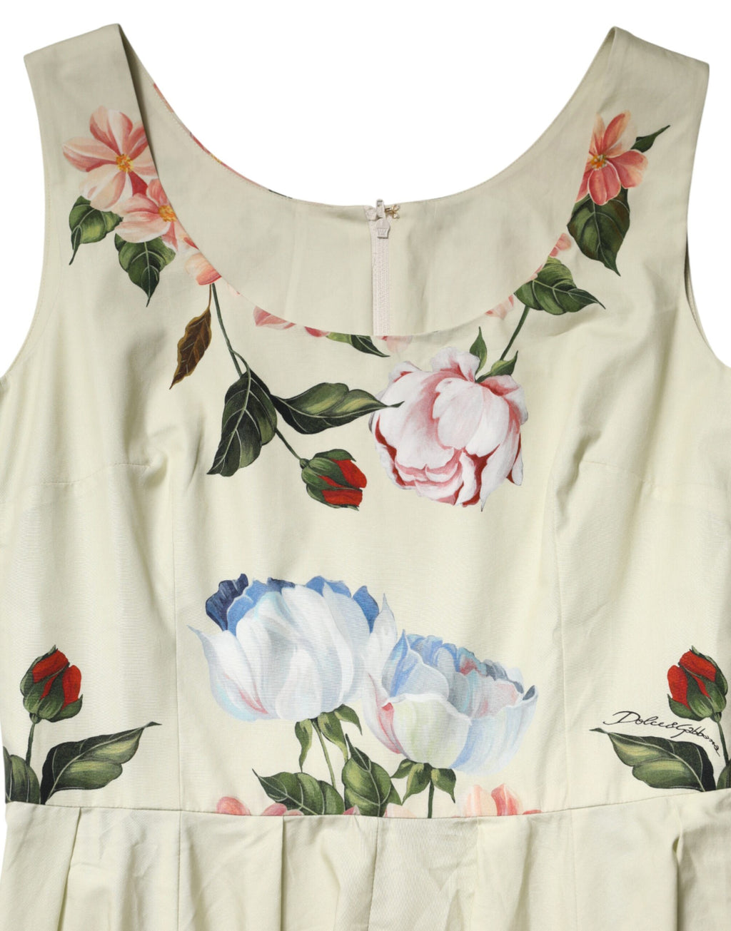 Robe beige sans manches à fleurs de style A-line de Dolce & Gabbana, élégante et sophistiquée, avec motif floral délicat.