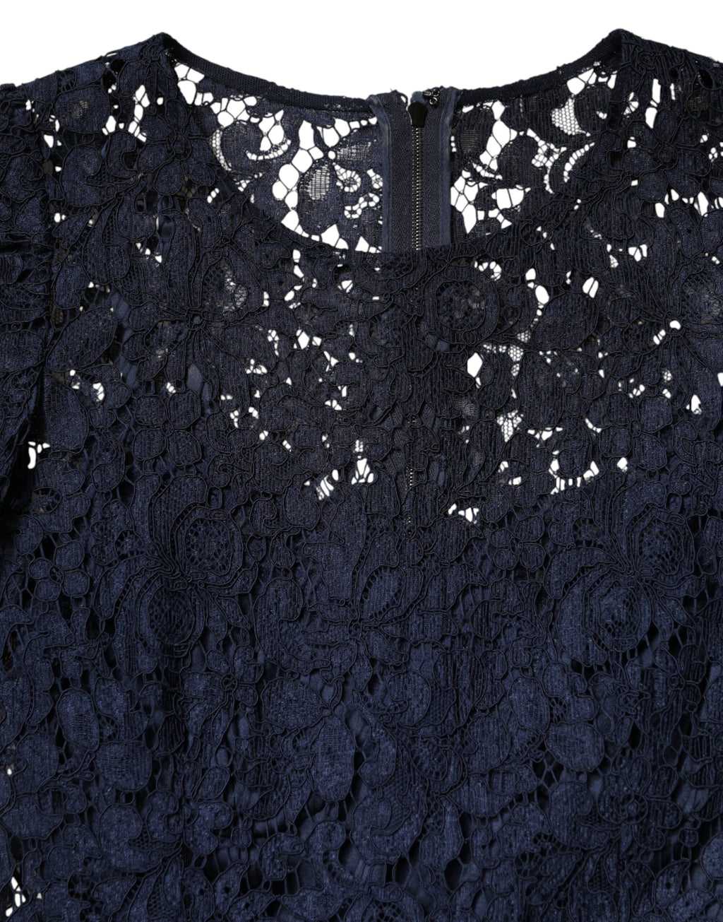 Robe courte Dolce & Gabbana en dentelle bleue avec volants et coupe évasée, longueur au genou, vue de face.