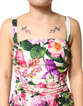 Robe courte en soie à fleurs multicolores et ruchés de Dolce & Gabbana, style élégant et féminin.