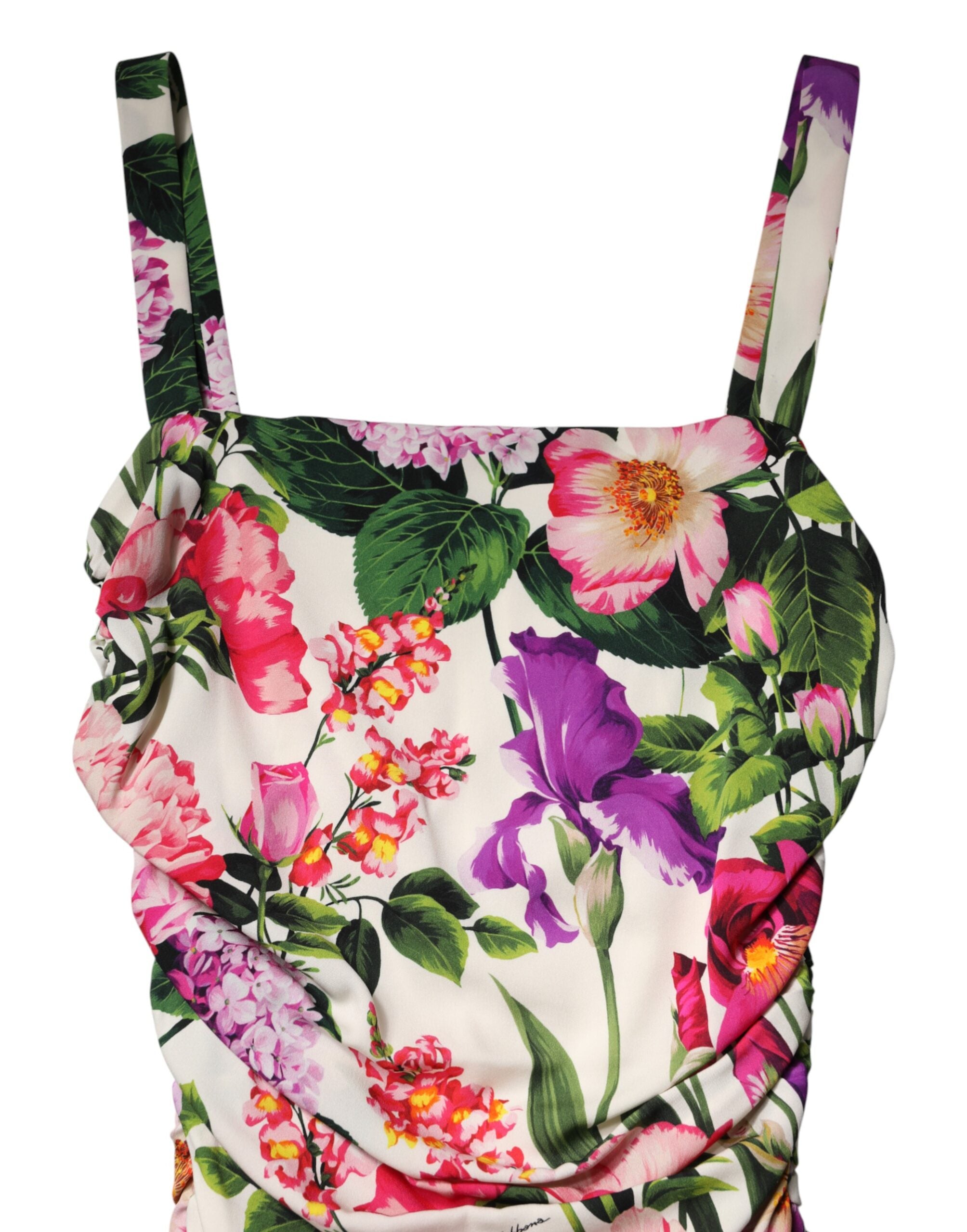 Robe courte en soie à fleurs multicolores et fronces de Dolce & Gabbana, style élégant et féminin.