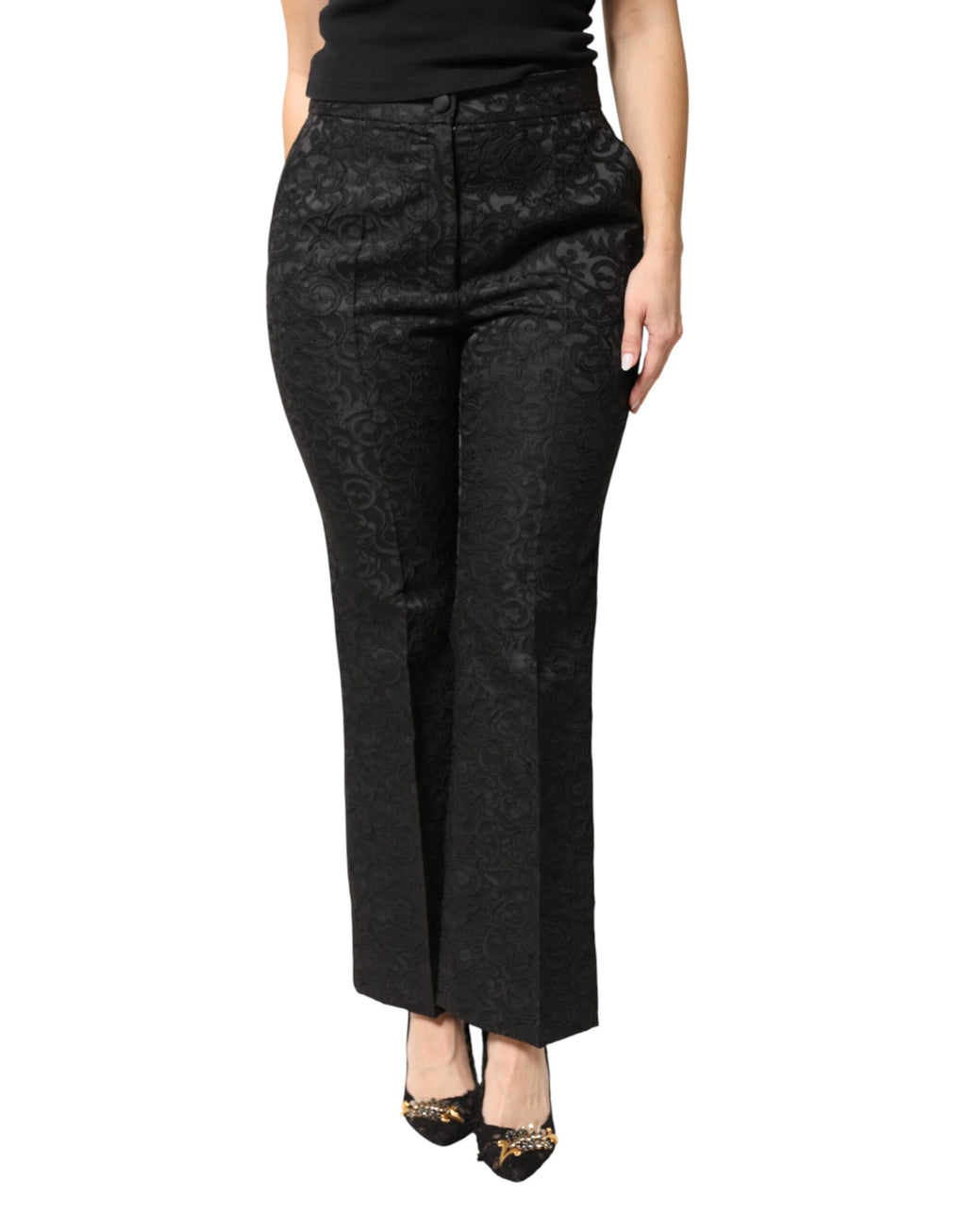 Pantalons à taille haute Dolce & Gabbana en brocart floral noir, style élégant et sophistiqué.