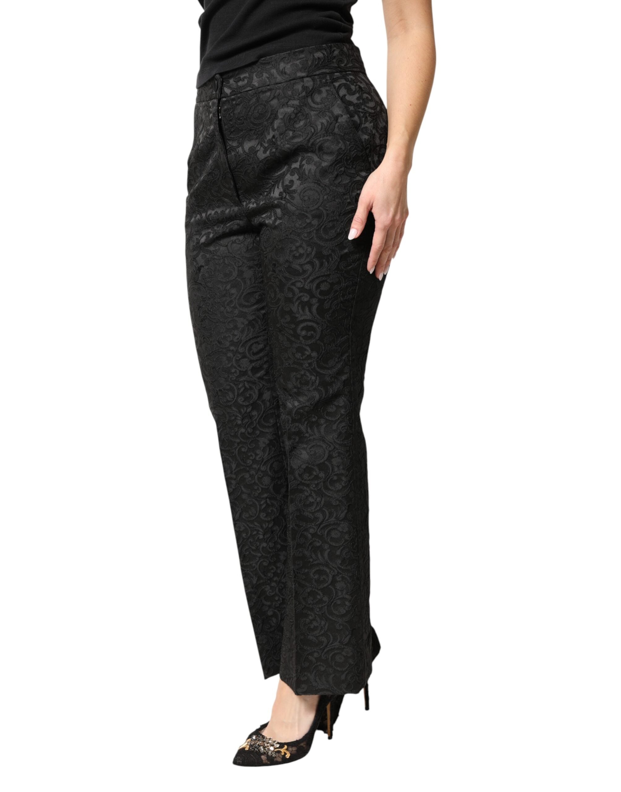 Pantalon taille haute Dolce & Gabbana en brocart floral noir, élégant et sophistiqué, pour un style chic et tendance.