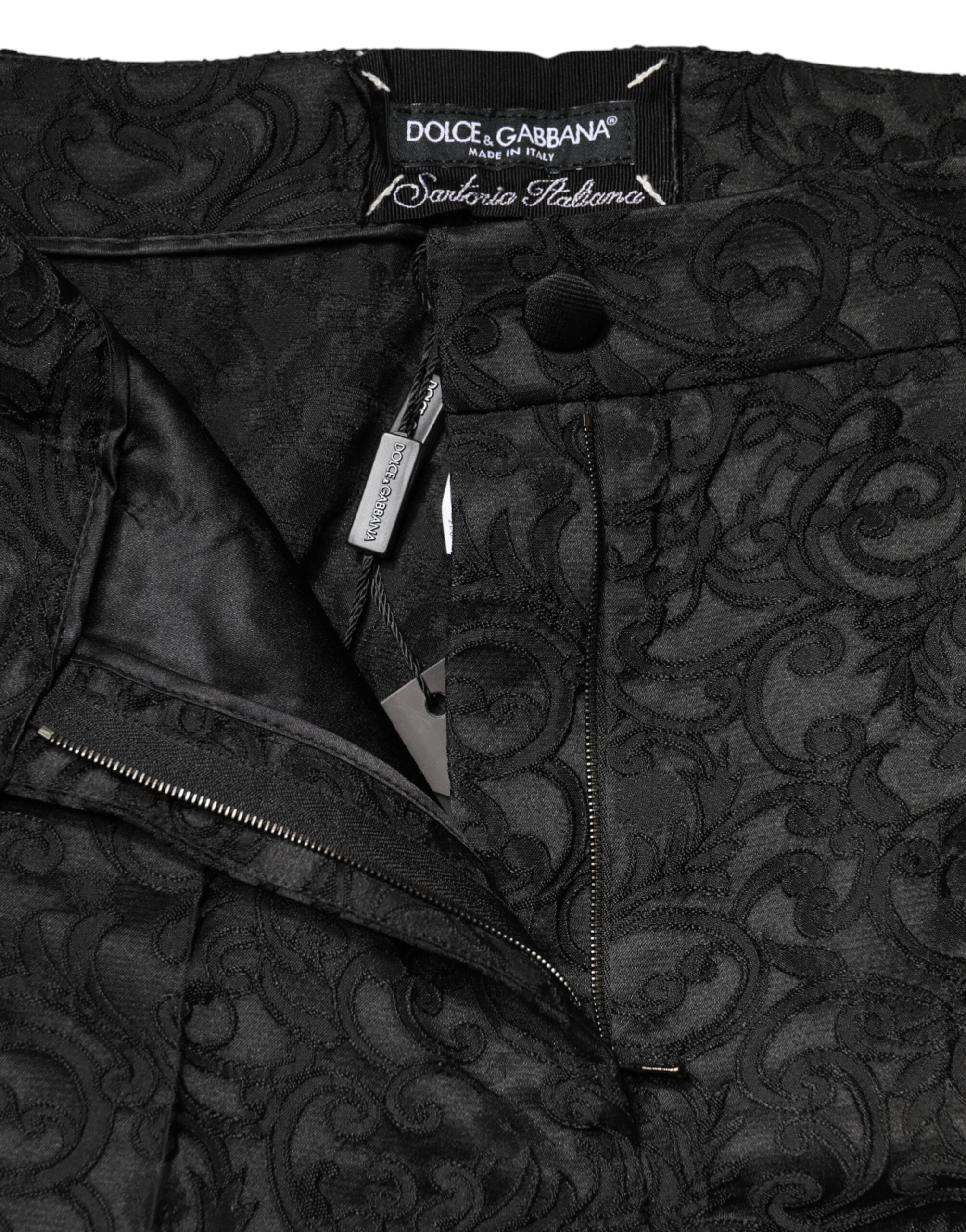 Pantalon large à taille haute Dolce & Gabbana en brocart floral noir, élégant et sophistiqué.