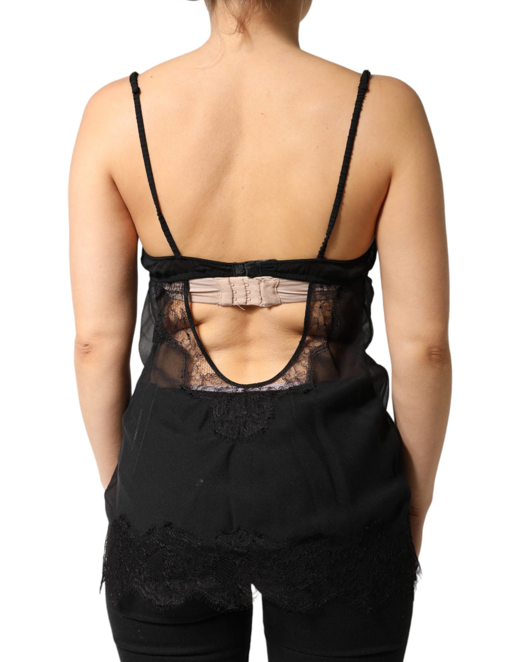 Chemise en soie noire Dolce & Gabbana avec dentelle florale, top de lingerie élégant et féminin.