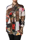 Blouse Dolce & Gabbana en soie multicolore à patchwork, col et manches longues, style élégant et sophistiqué.