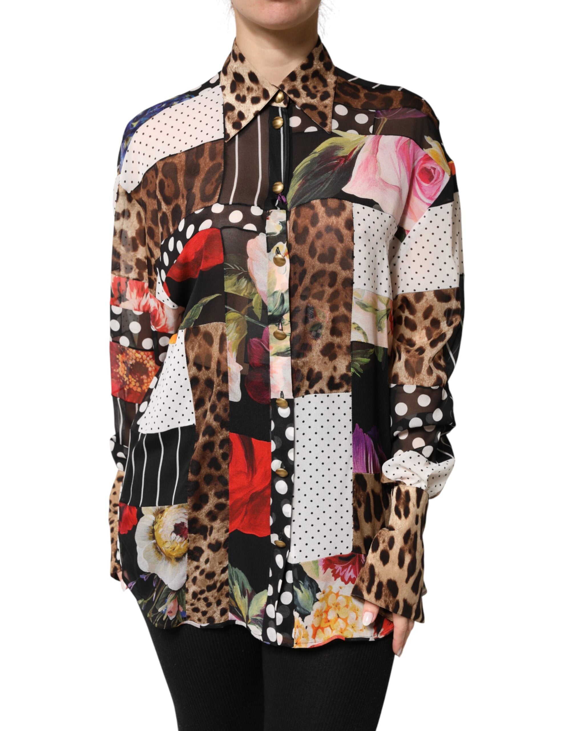 Blouse Dolce & Gabbana en soie multicolore à patchwork, col et manches longues, style élégant et sophistiqué.
