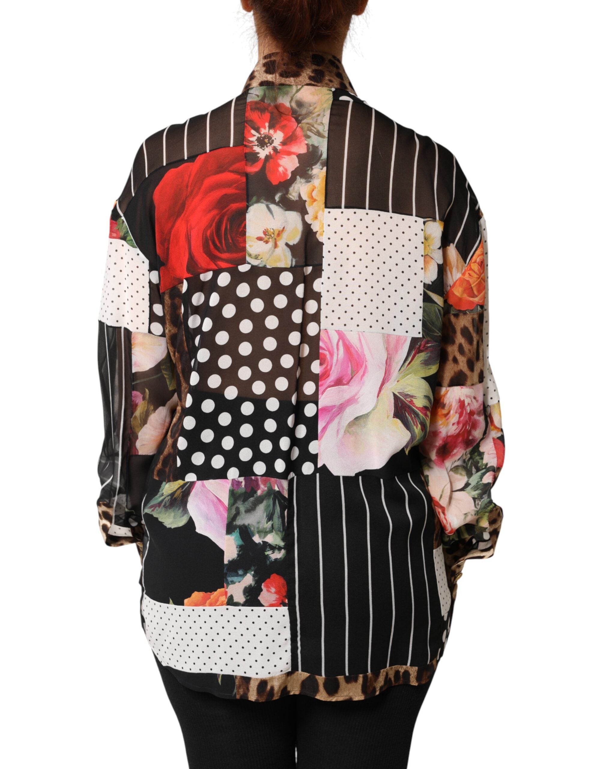 Blouse Dolce & Gabbana en soie à patchwork multicolore avec col, vue de l'avant, style élégant et coloré.