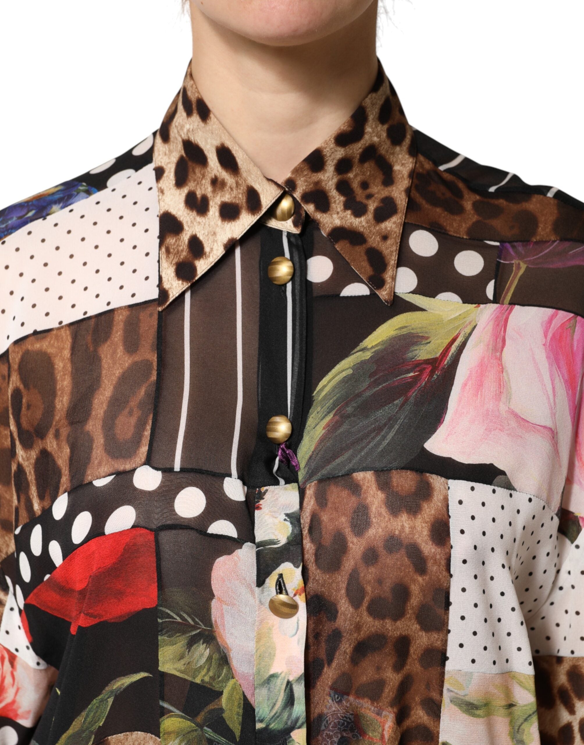 Blouse Dolce & Gabbana en soie multicolore à patchwork avec col, vue de face.