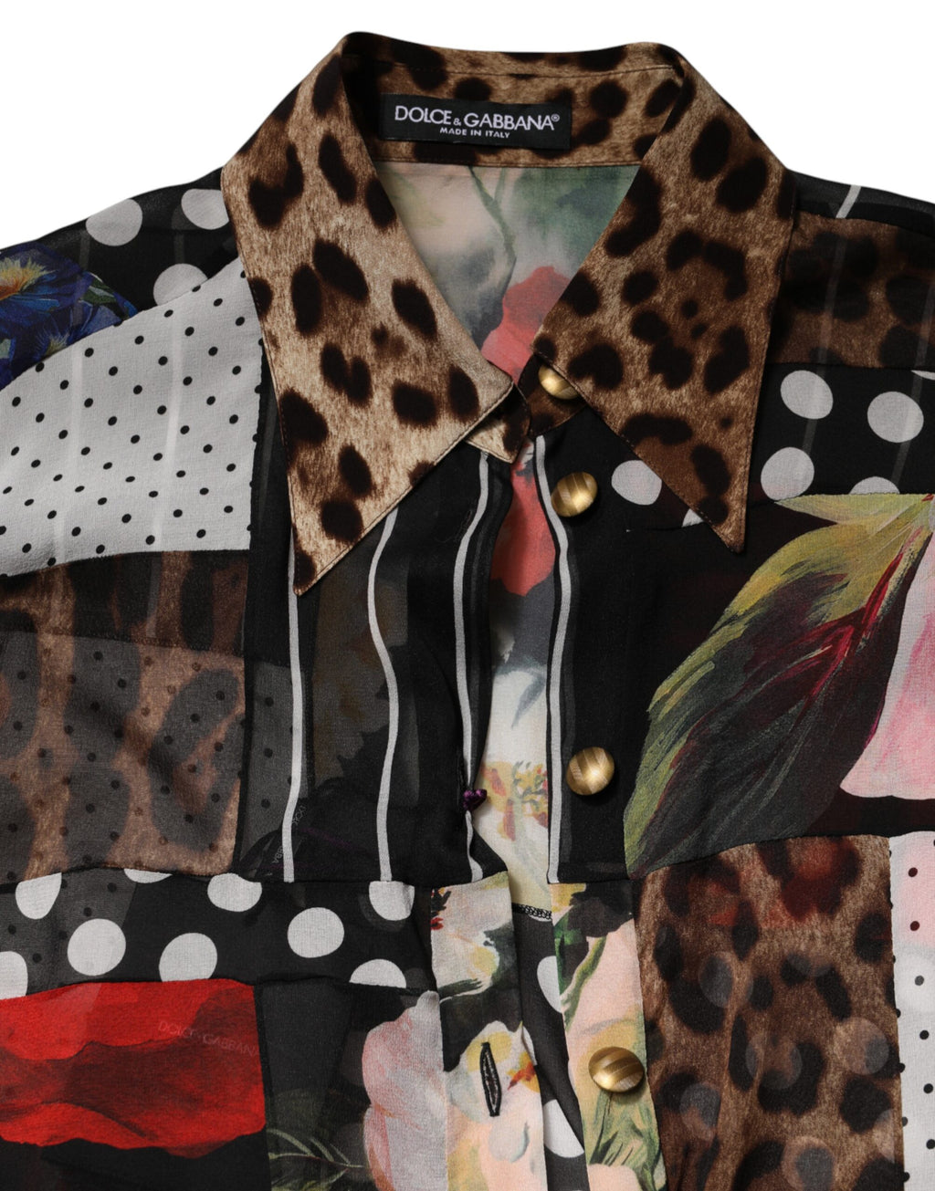 Blouse en soie Dolce & Gabbana à patchwork multicolore avec col, vue de face.