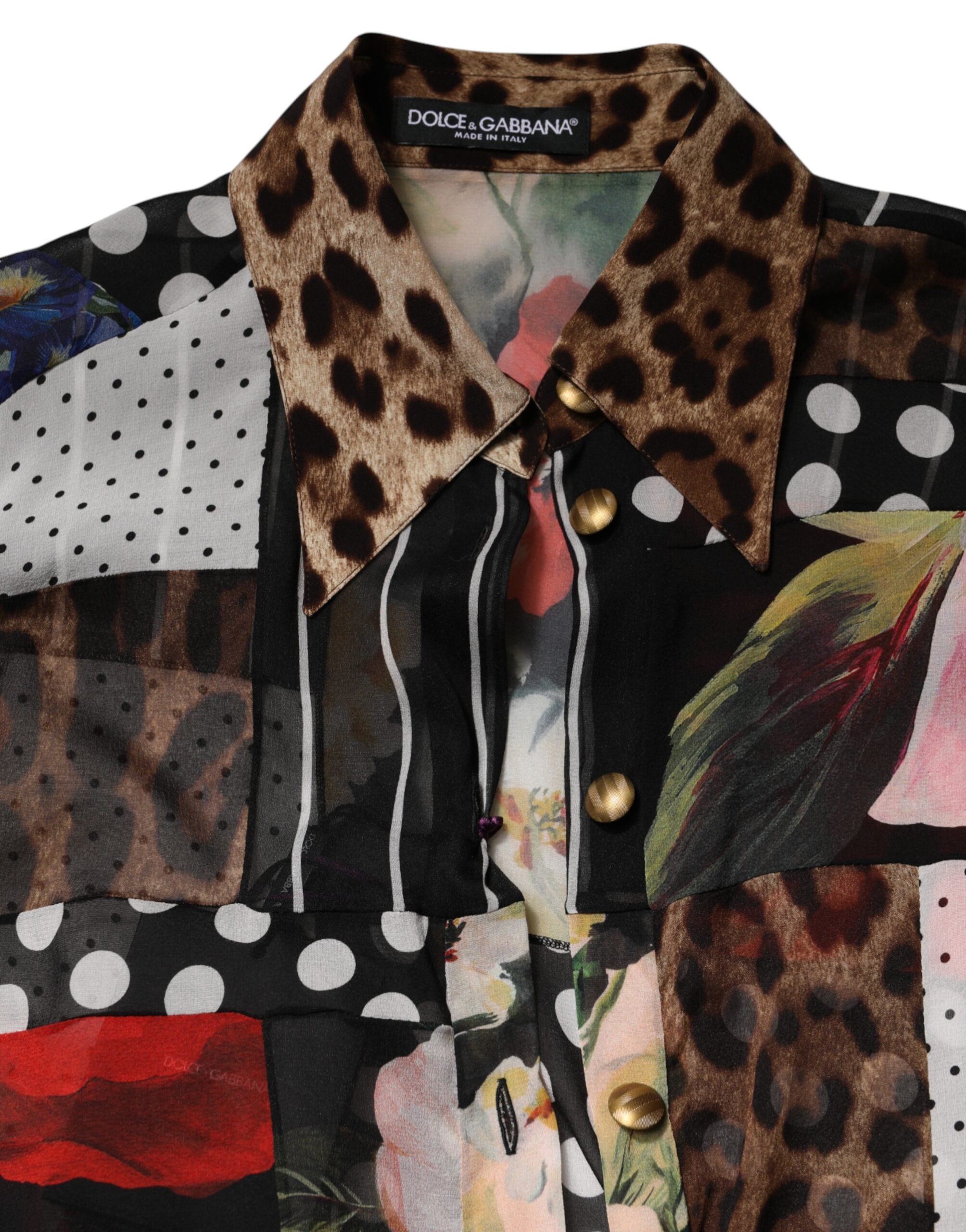Blouse en soie Dolce & Gabbana à patchwork multicolore avec col, vue de face.