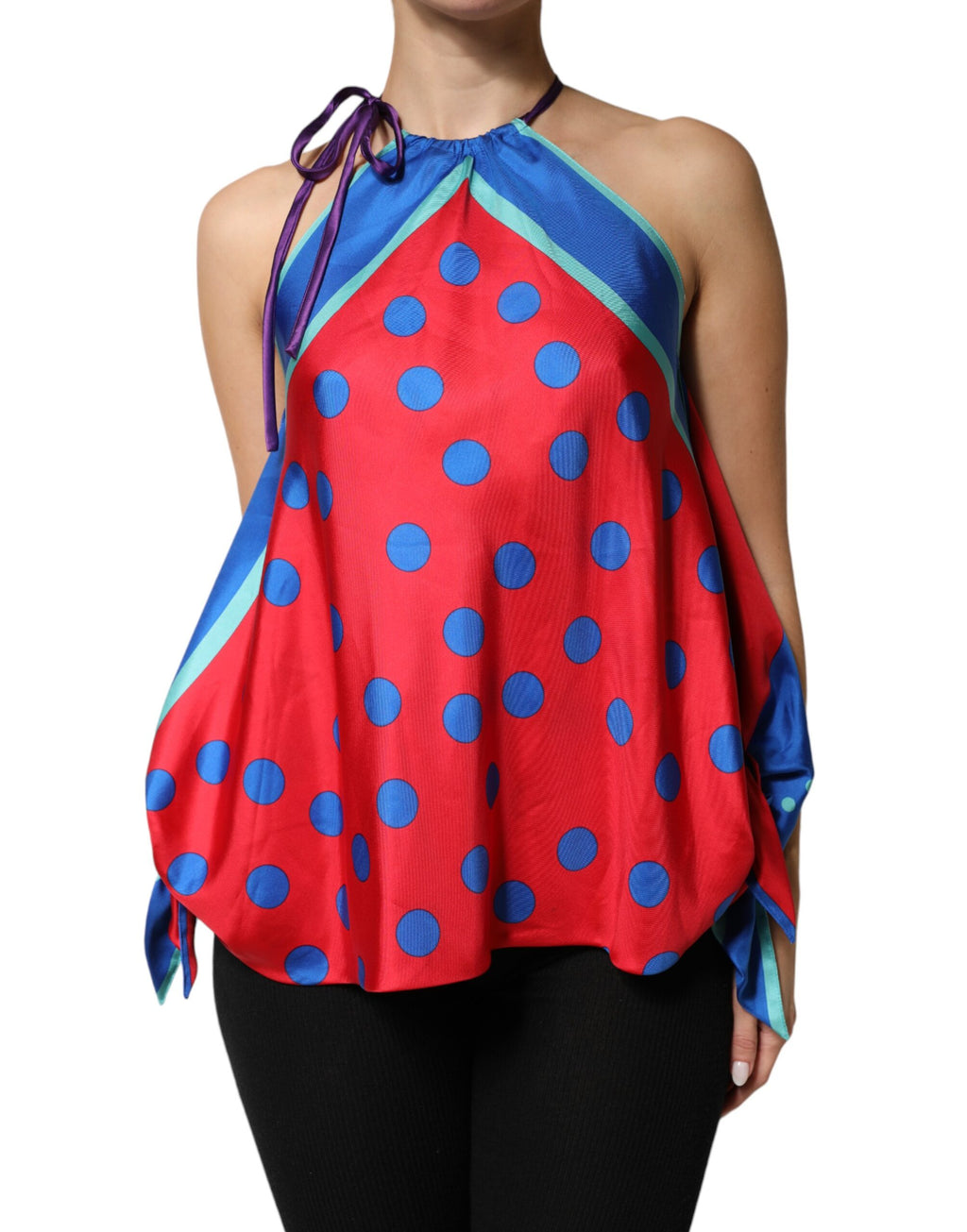 Blouse halter Dolce & Gabbana à pois multicolores, top mode avec col en V et détails élégants, tissu fluide et tendance.