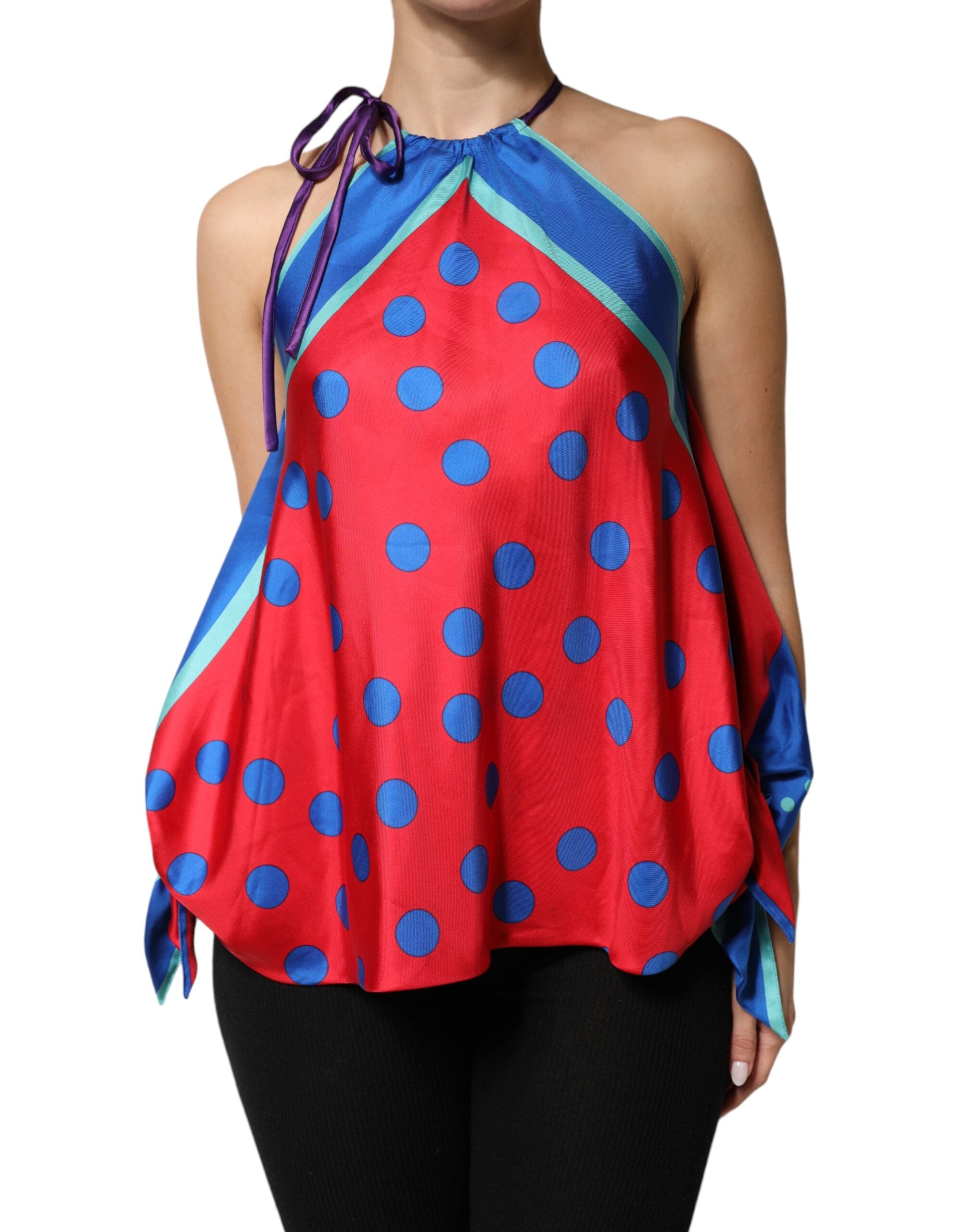 Haut en blouse à col halter Dolce & Gabbana à pois multicolores, style élégant et féminin.