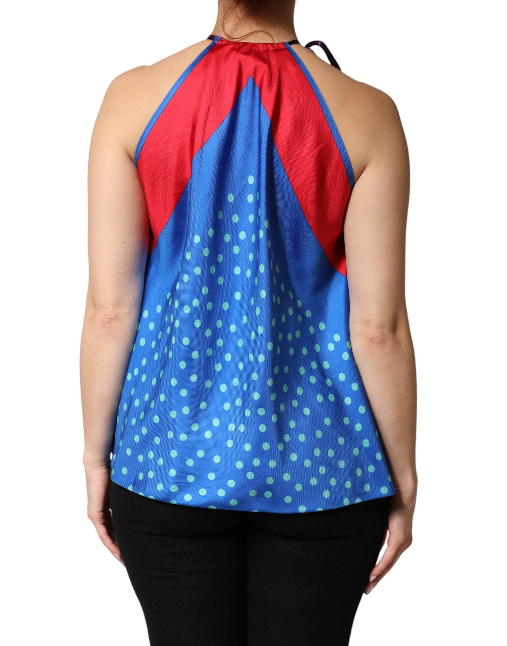 Blouse Dolce & Gabbana à pois multicolores, style halter, haut en tissu léger, avec un design à la mode et couleurs vives.