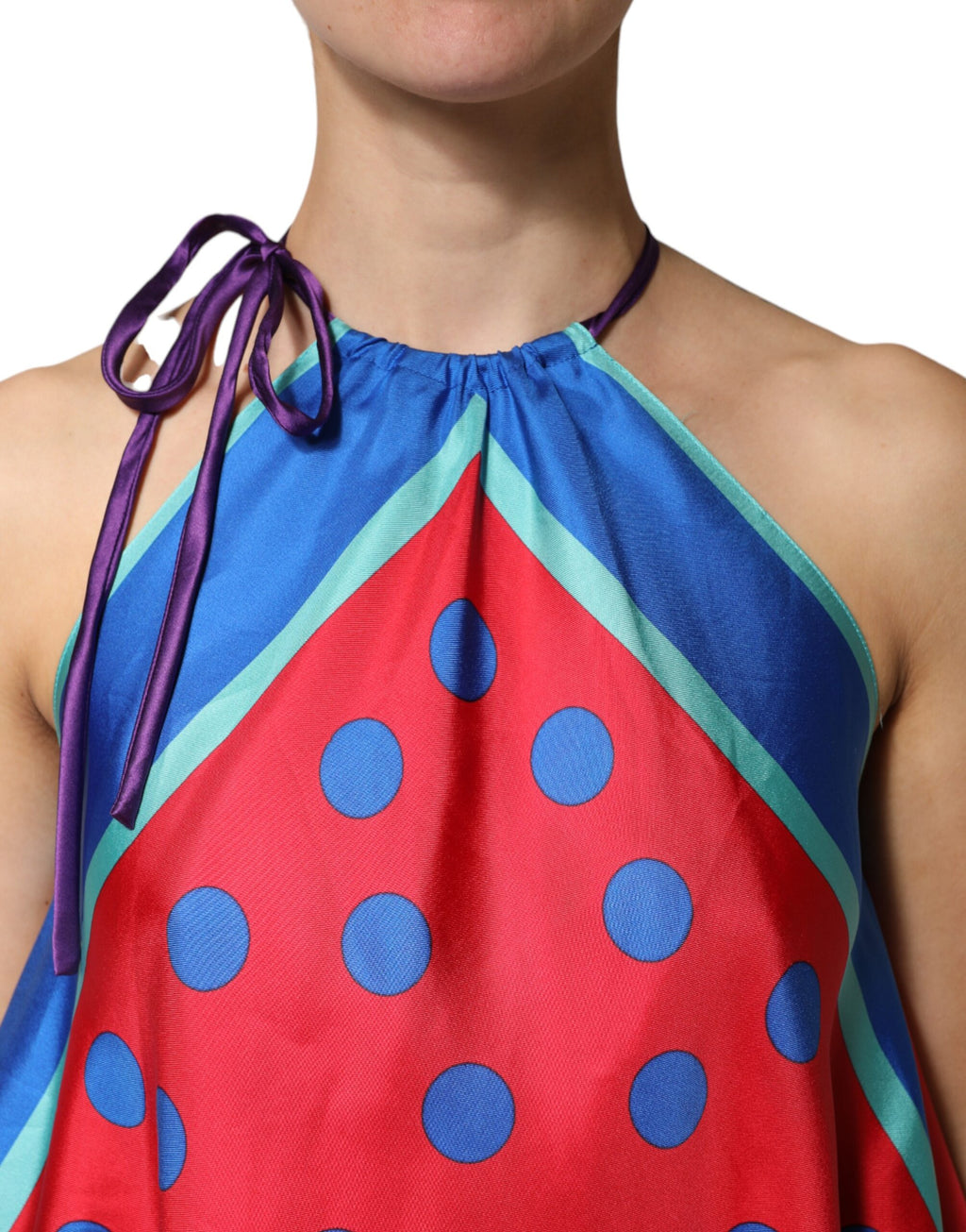 Blouse halter à pois multicolores de Dolce & Gabbana, top élégant avec motif à pois colorés et finition sophistiquée.