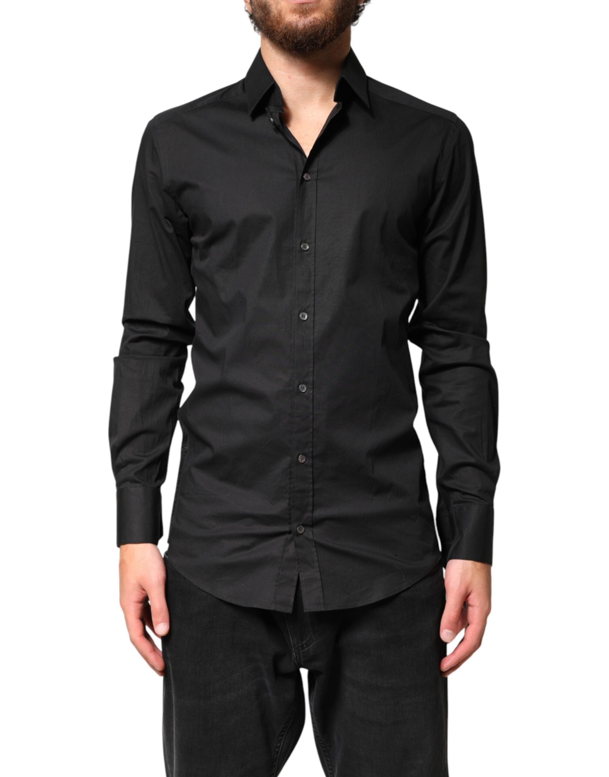 Chemise homme Dolce & Gabbana noire en coton avec détails dorés, style formel et élégant.