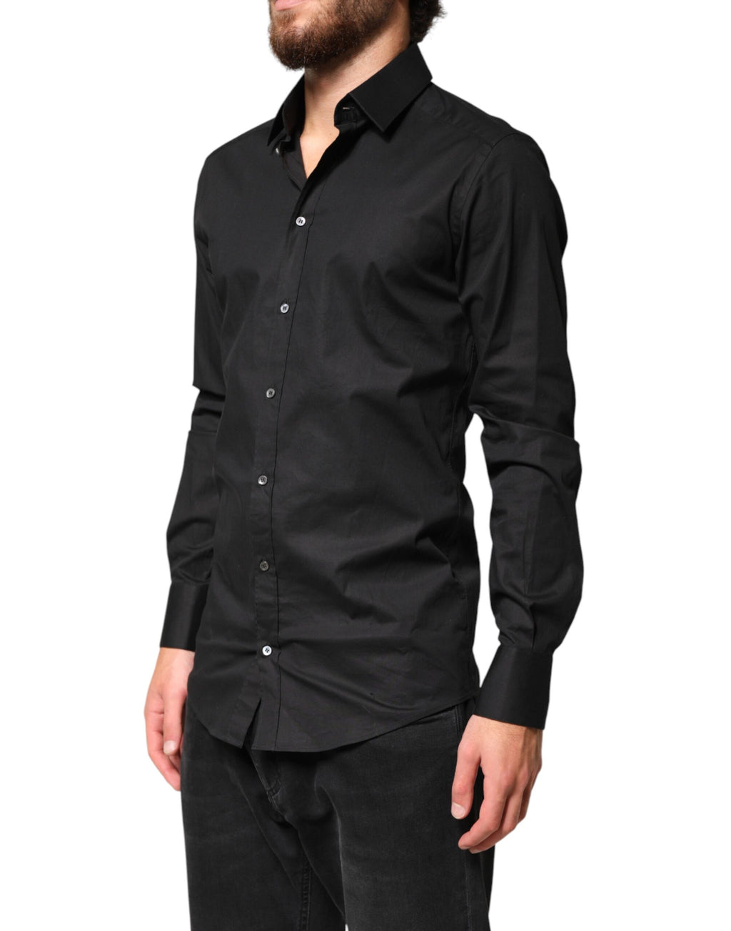 Chemise formelle homme Dolce & Gabbana noire en coton avec détails dorés, élégante chemise de costume pour homme.
