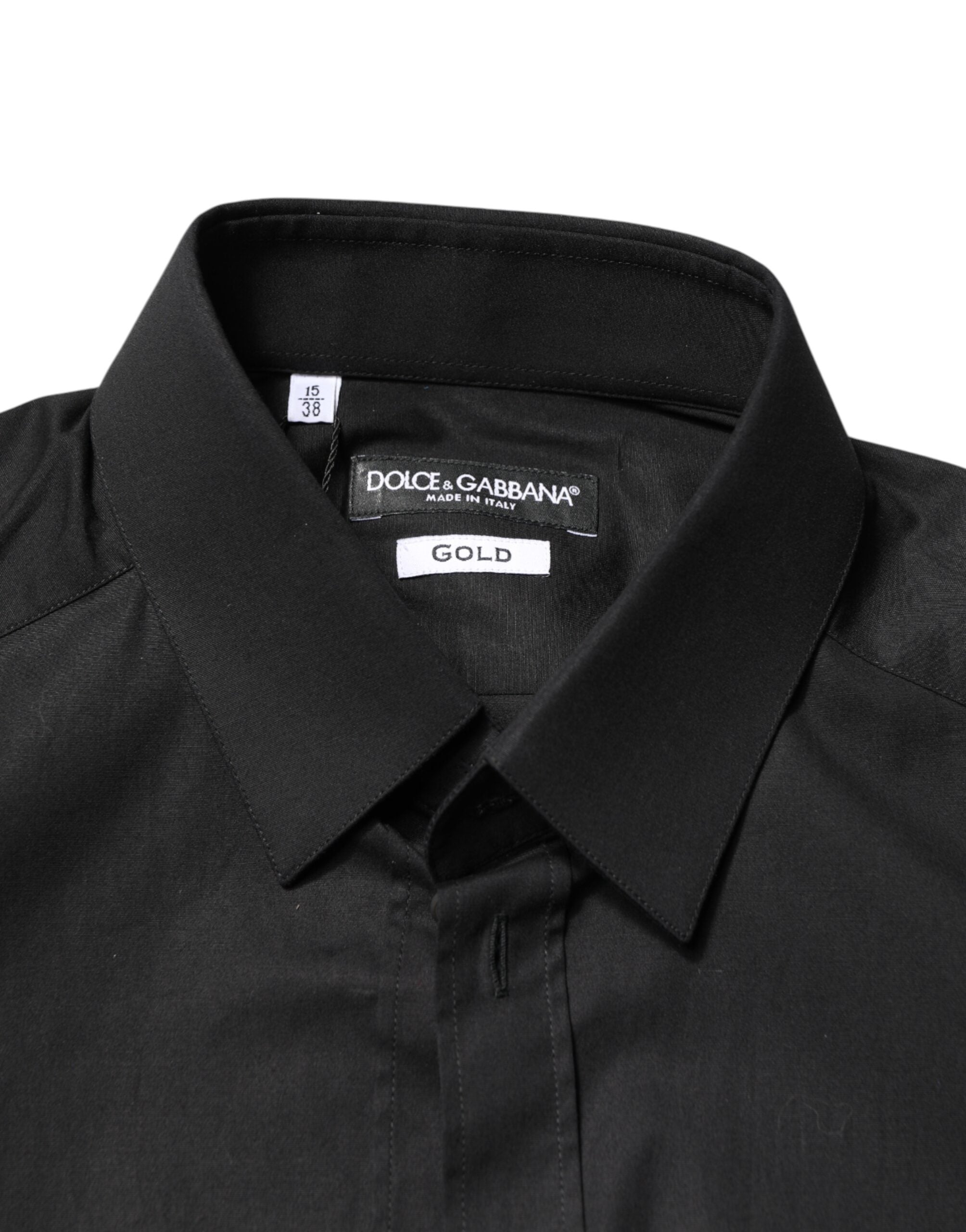 Chemise formelle noire en coton Dolce & Gabbana avec détails dorés pour homme, vue de face.
