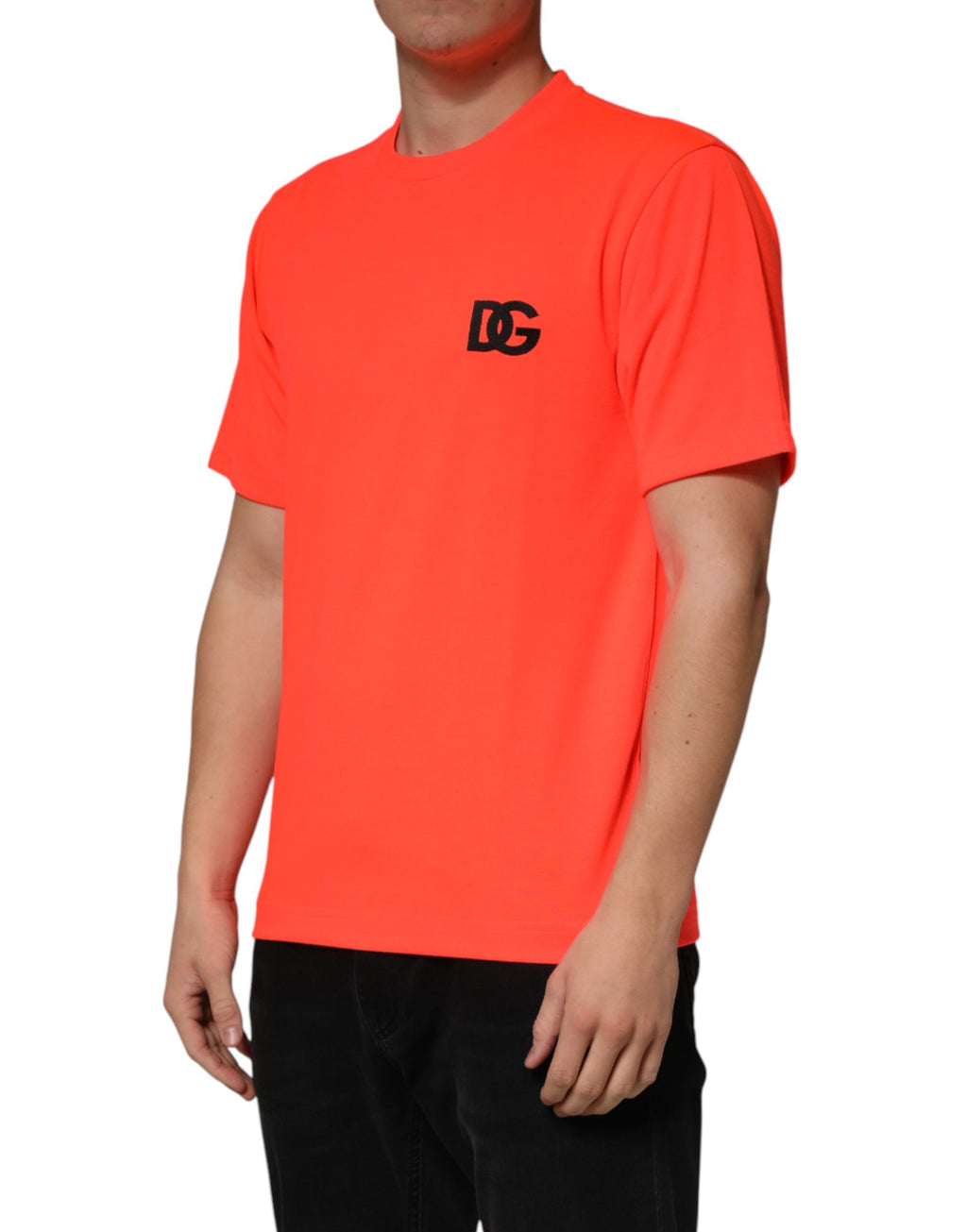 T-shirt homme en polyester orange néon de Dolce & Gabbana, col rond et coupe moderne.