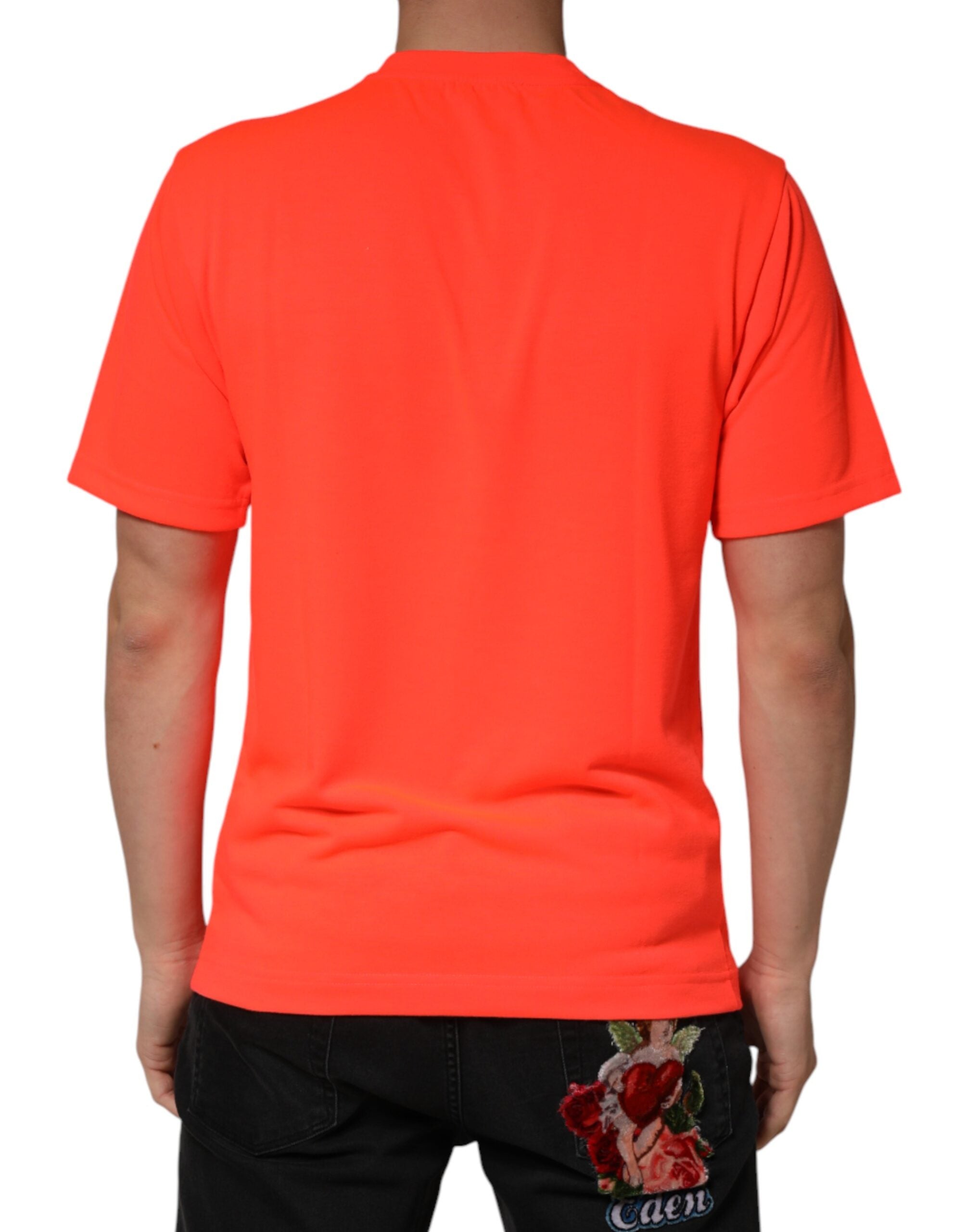 T-shirt homme en polyester à col rond de Dolce & Gabbana, couleur orange néon, vue de face.