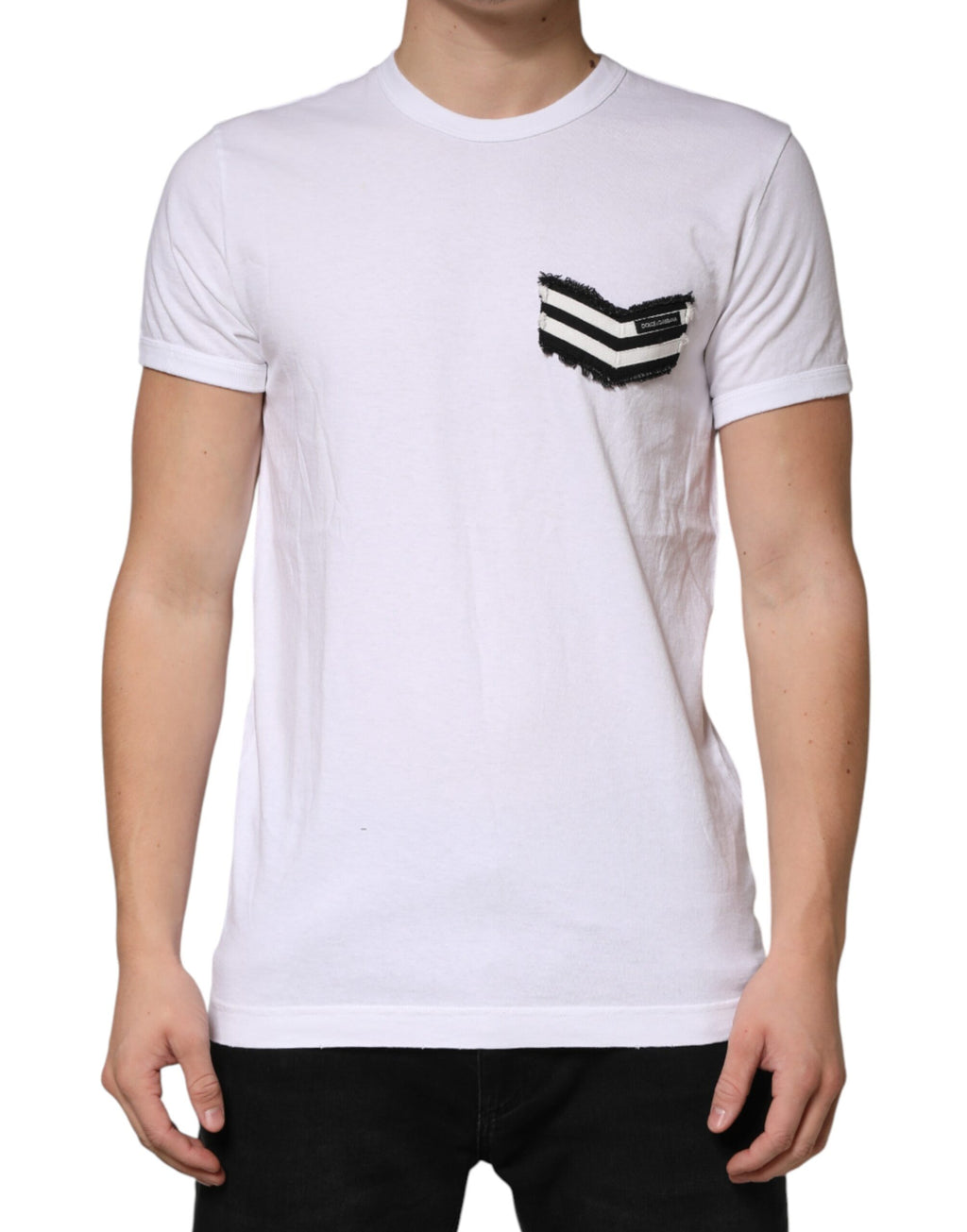 T-shirt blanc Dolce & Gabbana à rayures en coton avec col ras du cou, vue de face.
