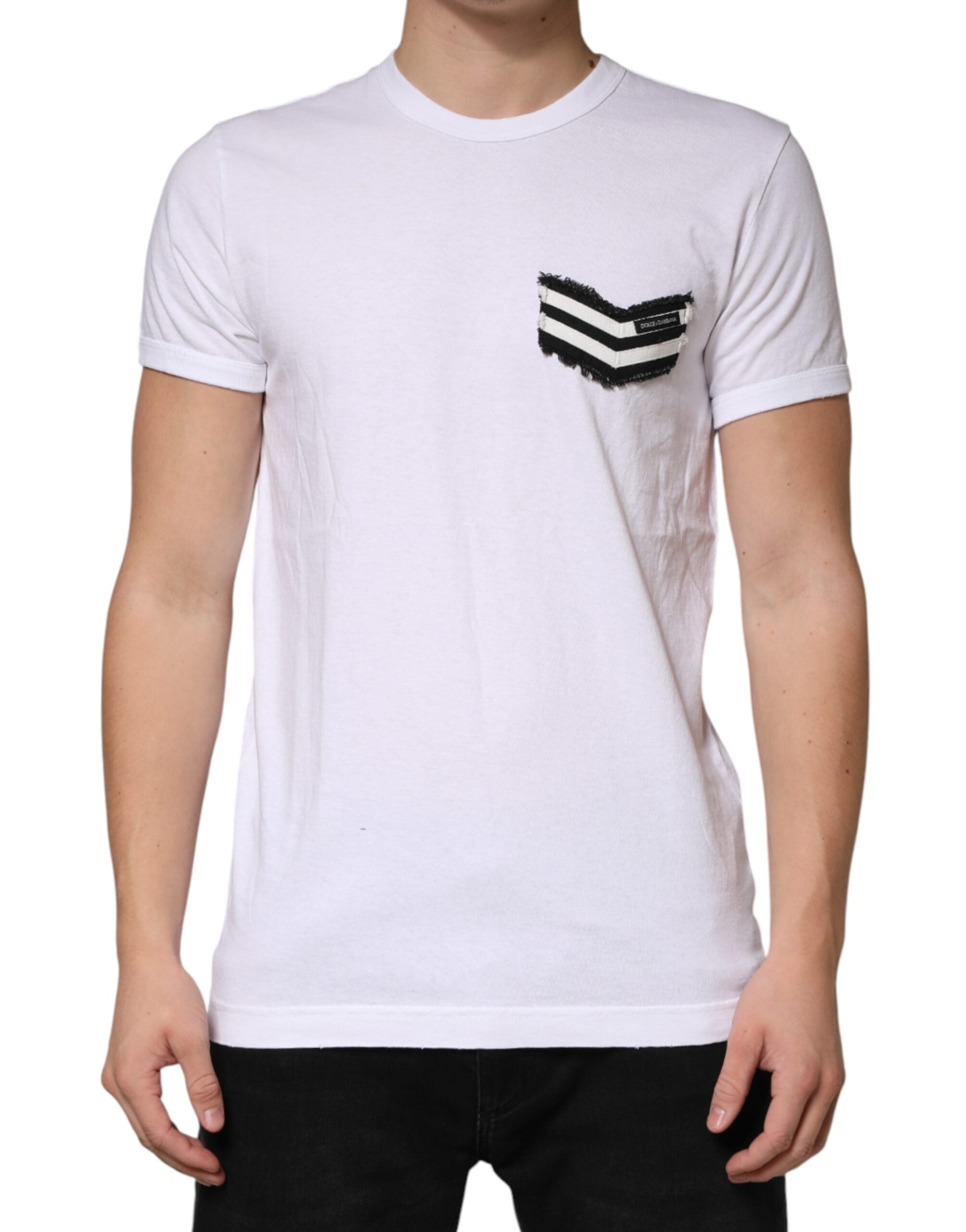 T-shirt blanc Dolce & Gabbana à rayures en coton avec col ras du cou, vue de face.
