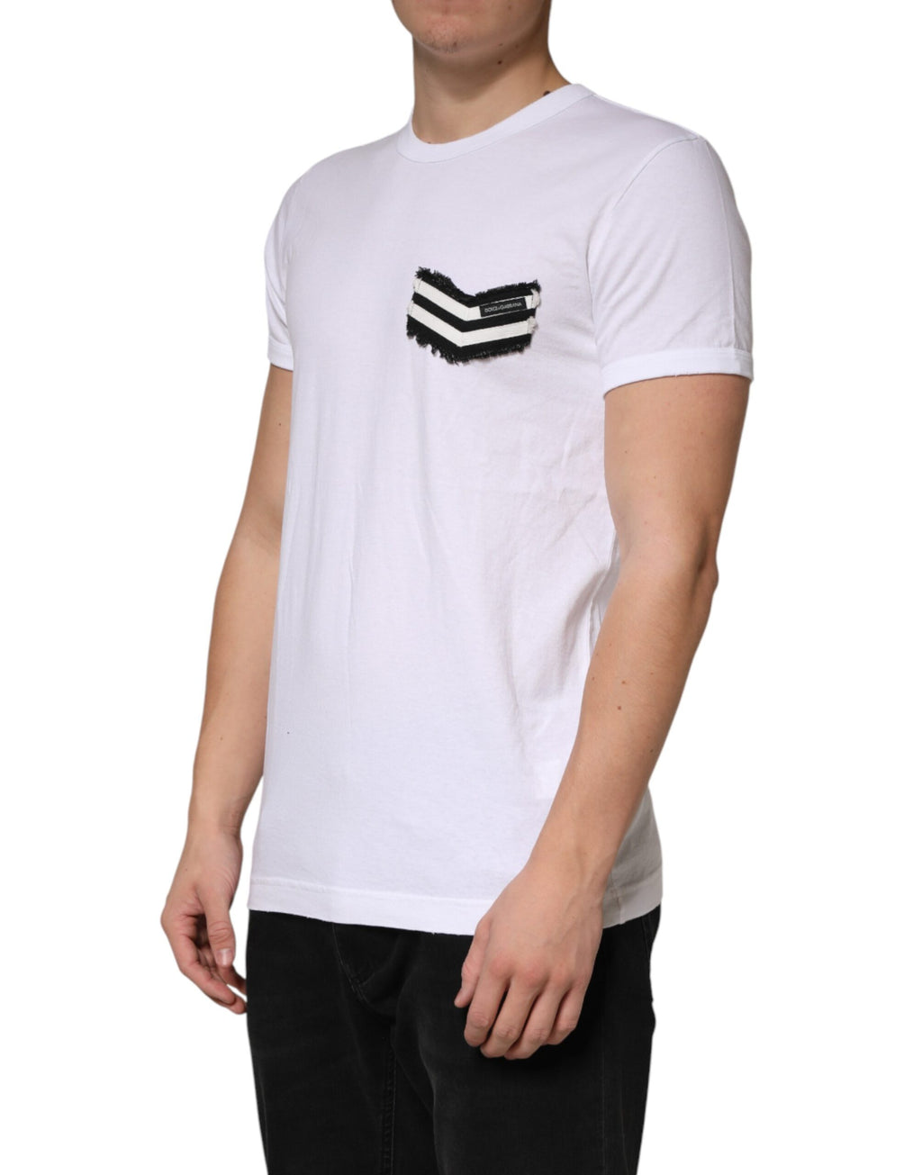 T-shirt blanc à rayures en coton de Dolce & Gabbana avec col rond, vue de face.