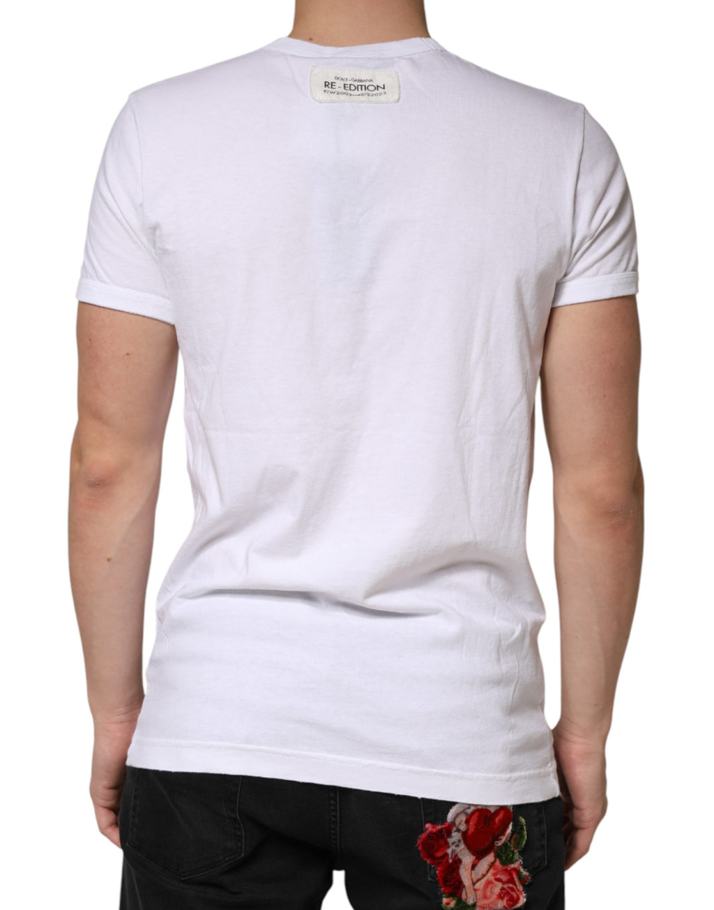 T-shirt blanc à rayures Dolce & Gabbana en coton avec col rond, vue de face sur fond neutre.