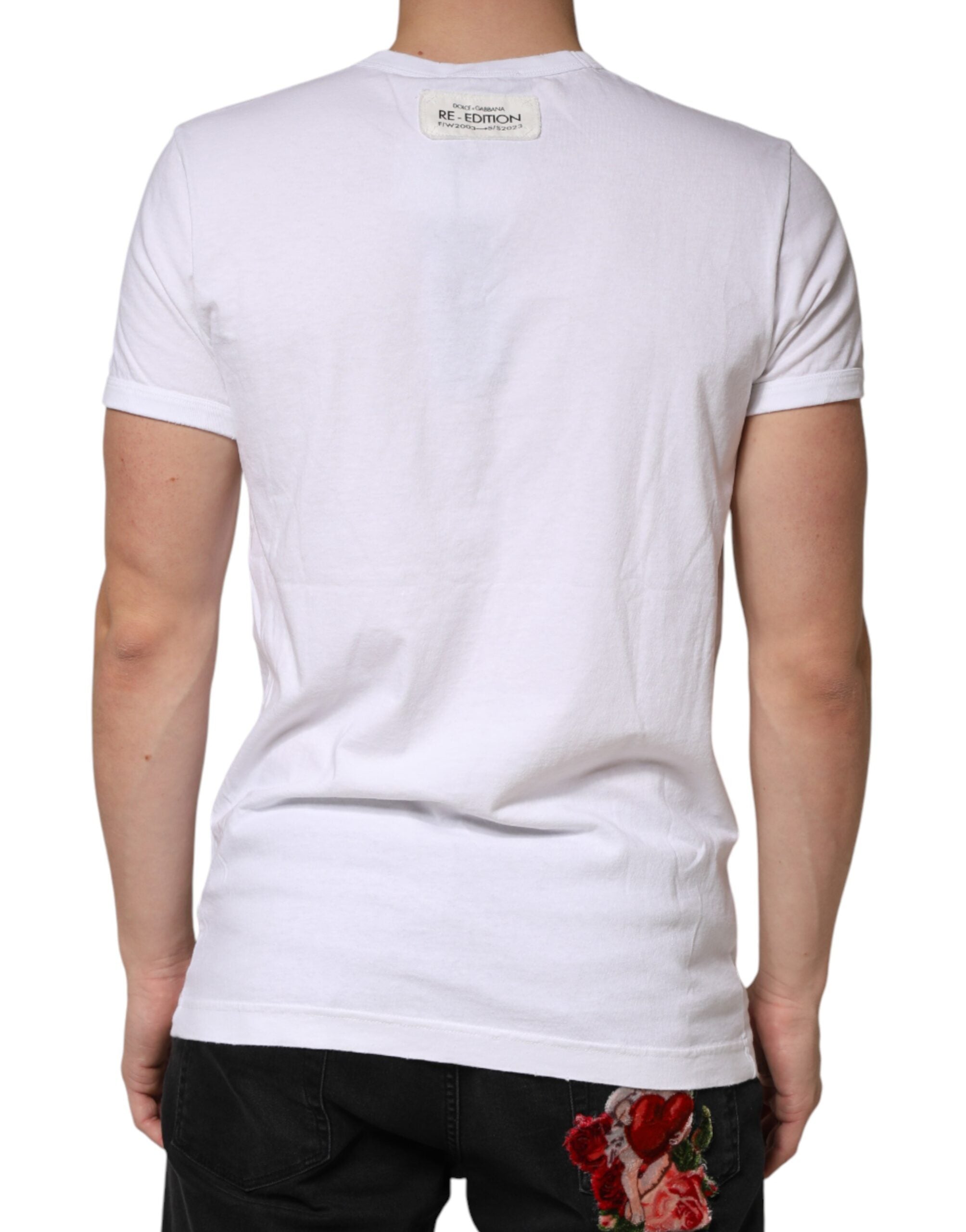 T-shirt blanc à rayures Dolce & Gabbana en coton avec col rond, vue de face sur fond neutre.