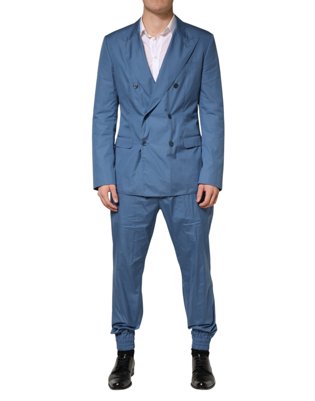 Costume en coton bleu Dolce & Gabbana à double boutonnage, costume deux pièces élégant et sophistiqué.