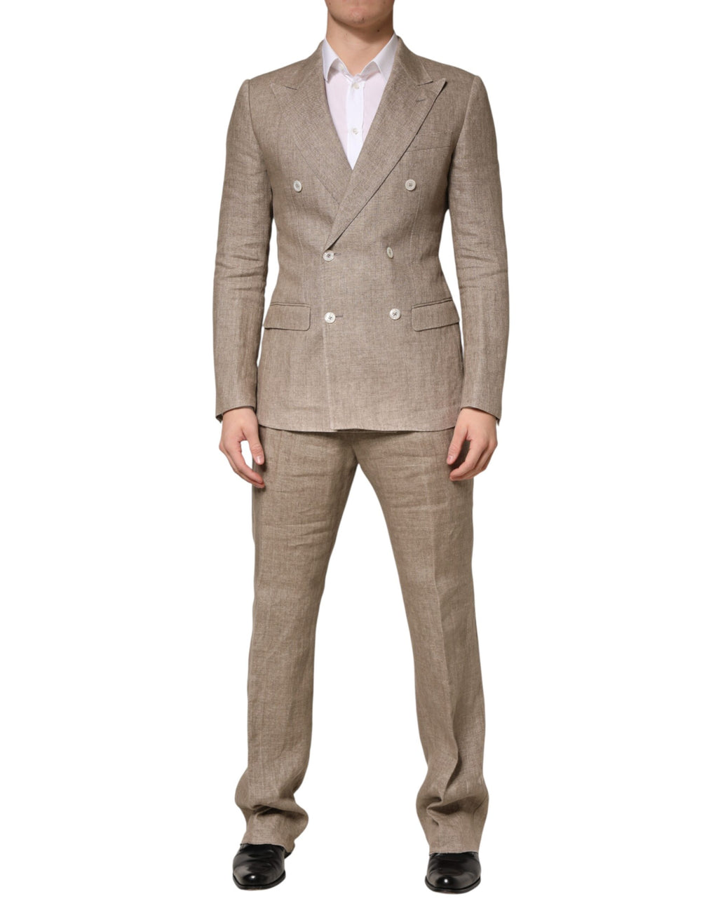 Costume homme en lin beige Dolce & Gabbana à double boutonnage, veste et pantalon élégants et sophistiqués.