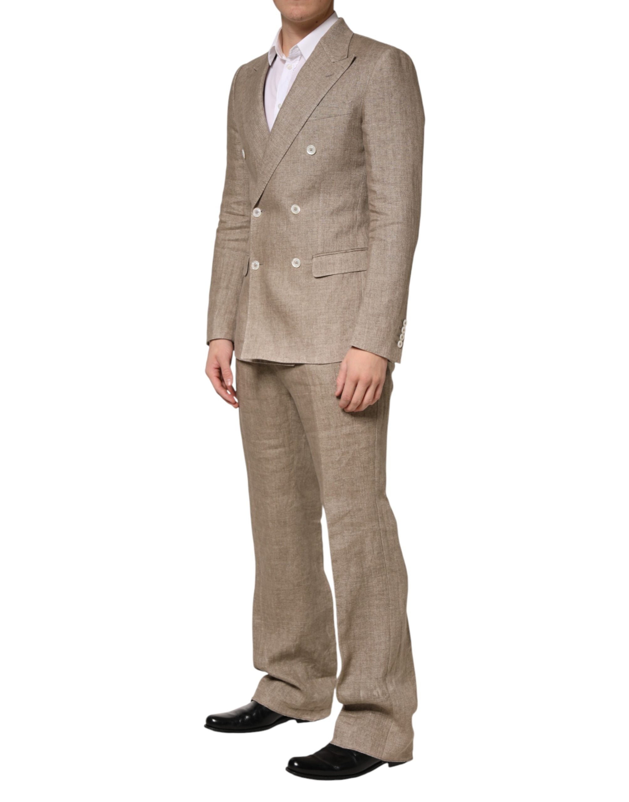 Costume pour homme Dolce & Gabbana en lin beige à double boutonnage, ensemble deux pièces élégant et sophistiqué.