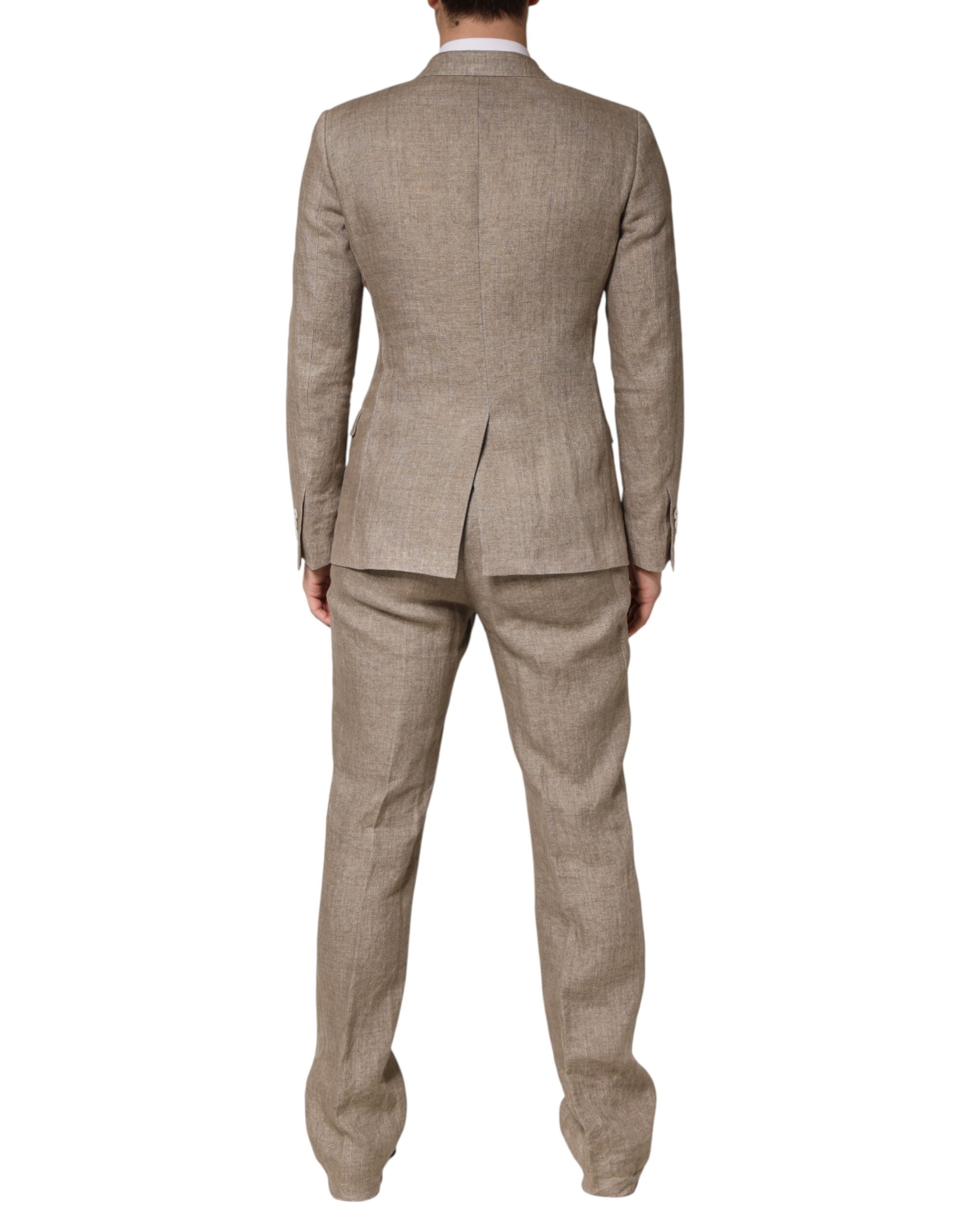Costume homme en lin beige Dolce & Gabbana à double boutonnage, ensemble 2 pièces élégant et tendance.