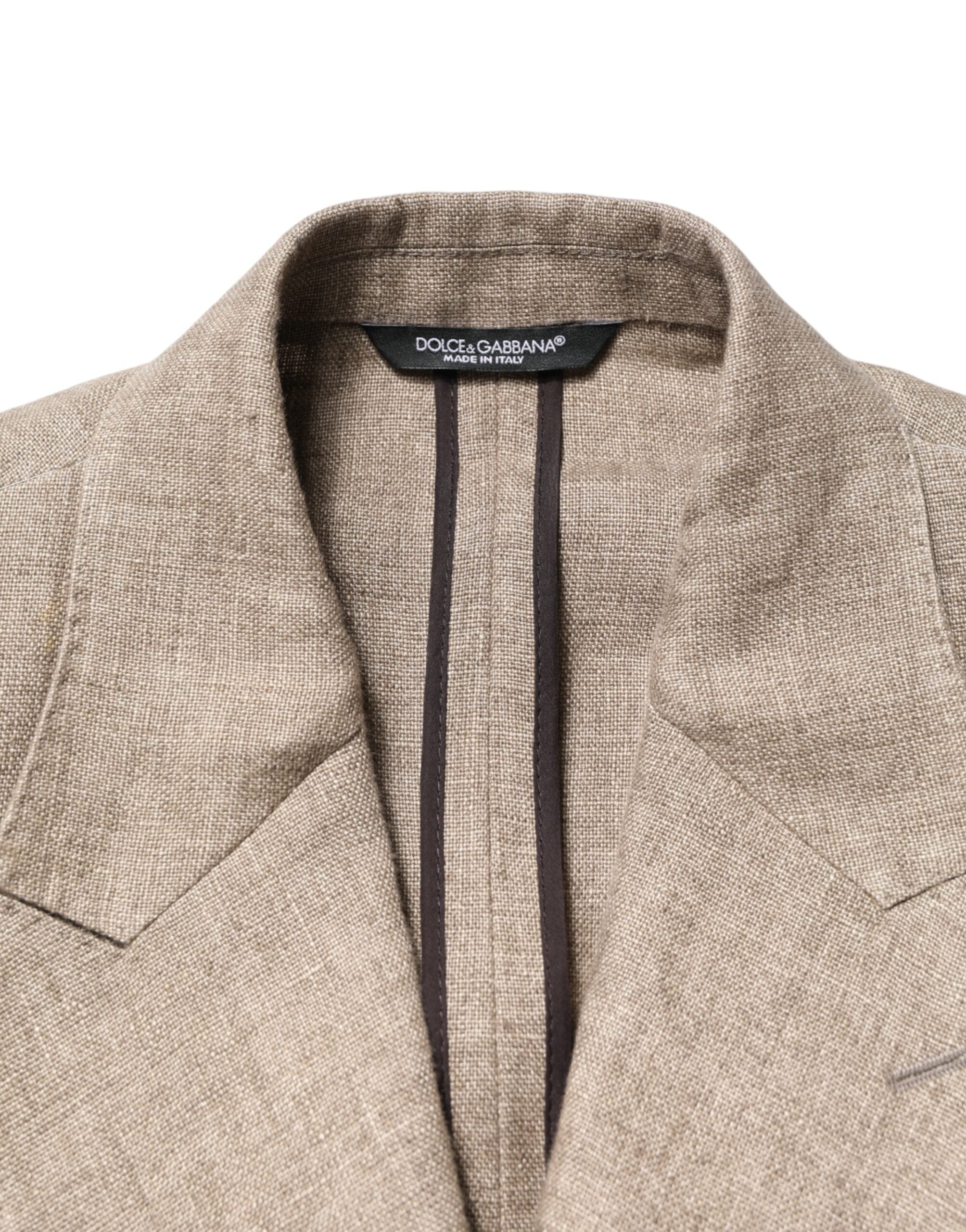 Costume homme double boutonnage en lin beige Dolce & Gabbana, veste et pantalon élégants et sophistiqués.