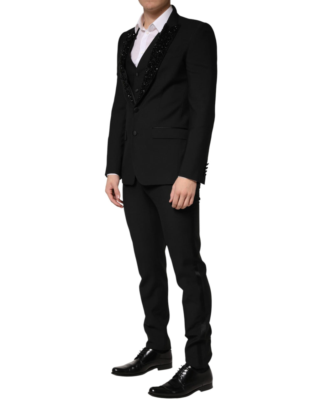 Costume pour homme Dolce & Gabbana en laine noire, à trois pièces et à boutonnière simple, élégant et classique.