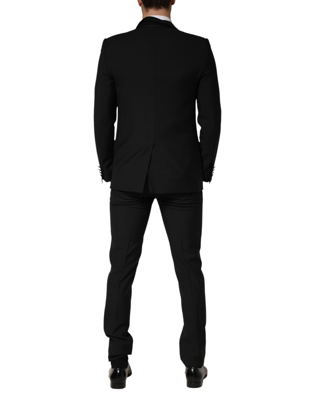 Costume trois pièces pour homme Dolce & Gabbana en laine noire, veste à un bouton, pantalon et gilet élégants.