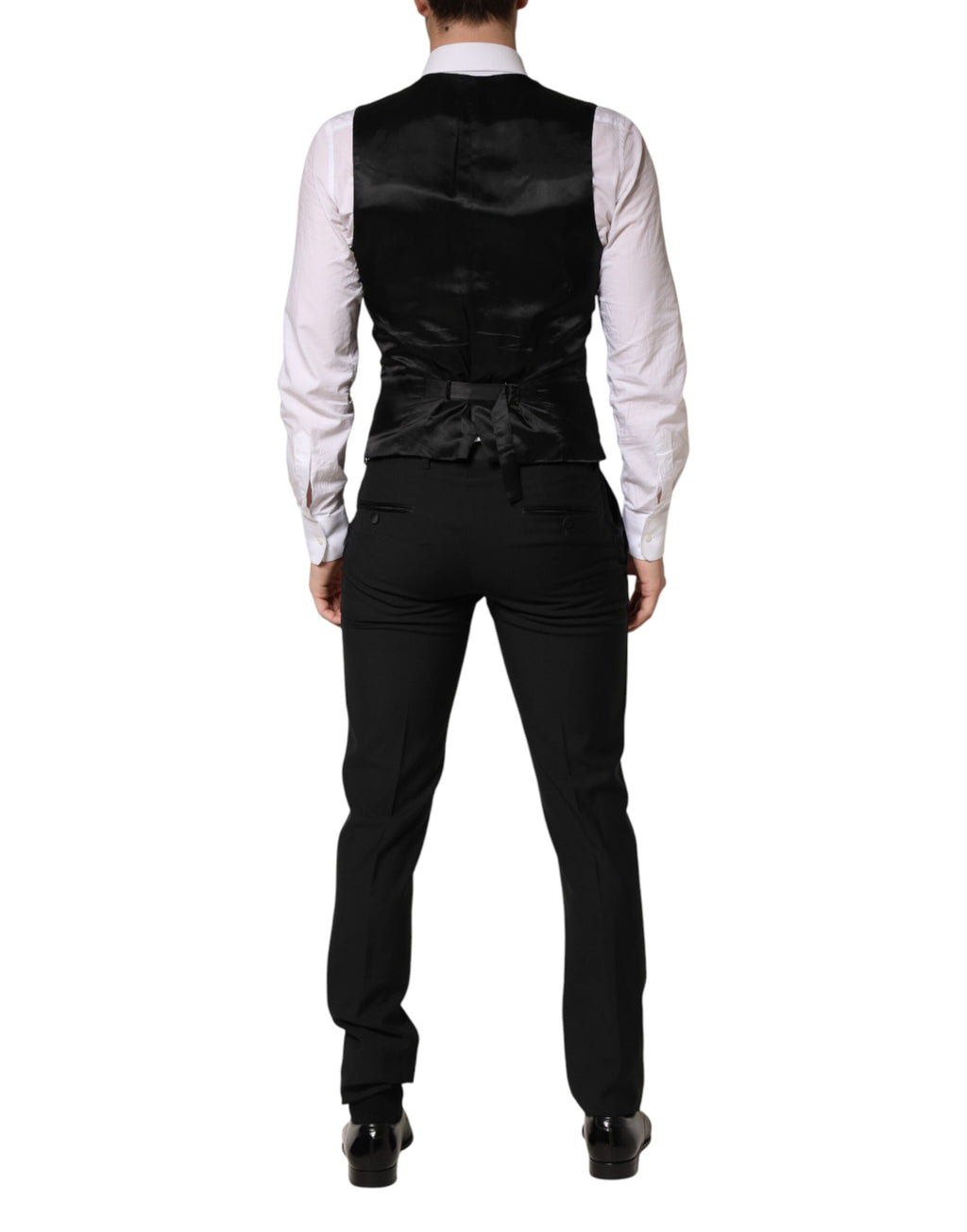 Costume homme Dolce & Gabbana en laine noire, costume trois pièces à boutonnière simple, élégant et classique.