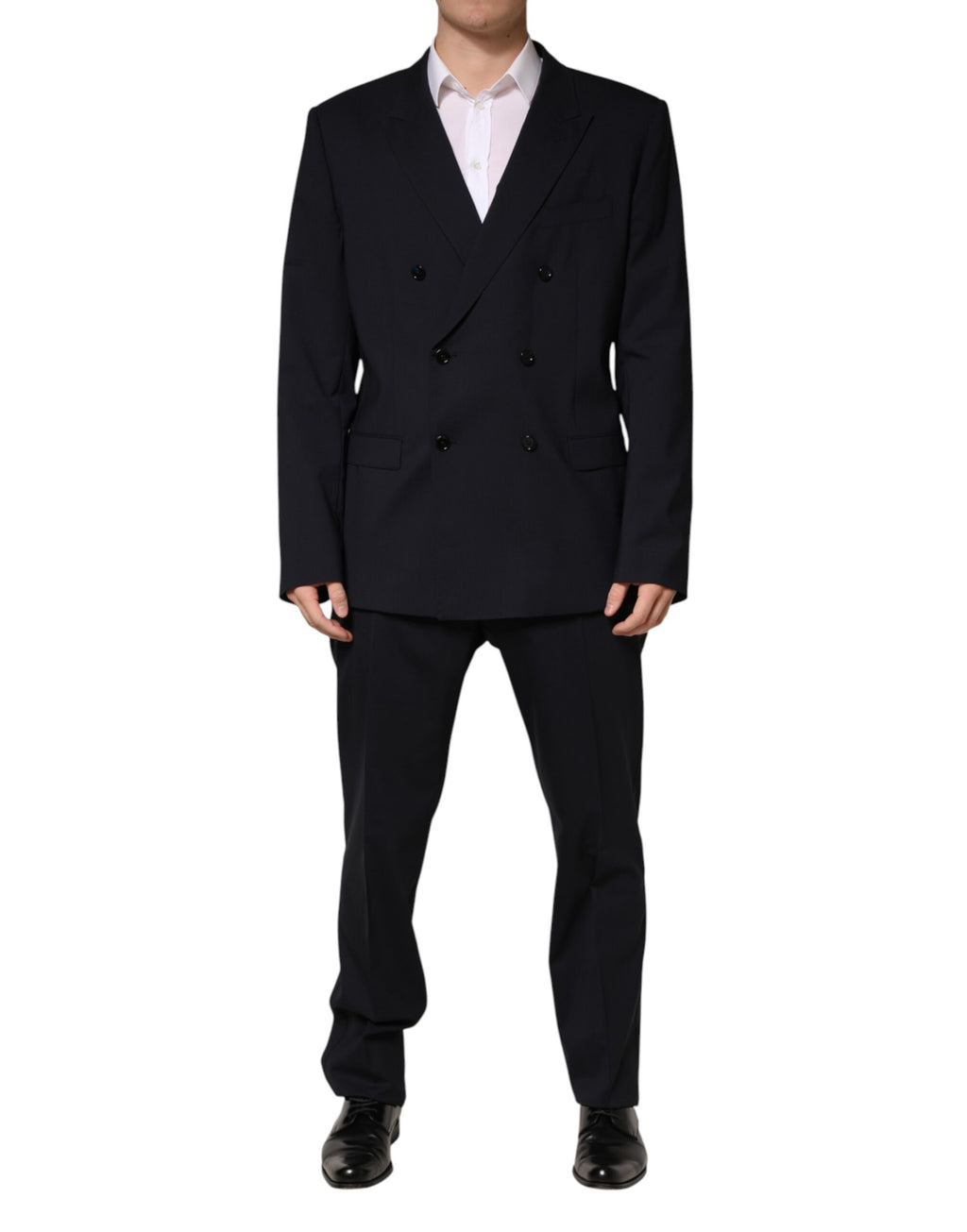 Costume deux pièces Dolce & Gabbana Blue MARTINI à double boutonnage, élégant et sophistiqué, porté sur mannequin.