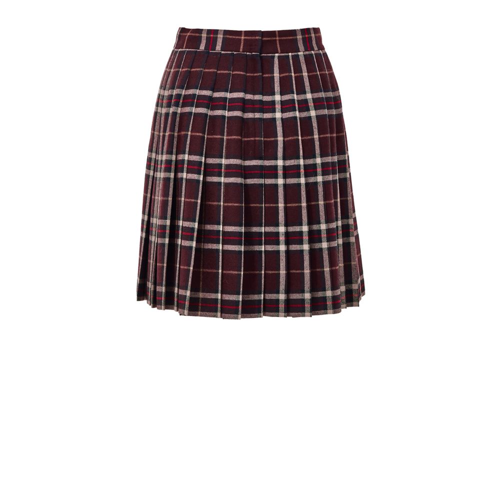 Jupe courte en laine bordeaux Dolce & Gabbana, coupe ajustée et élégante, avec détail de couture visible.