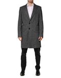 Long manteau trench en laine mélangée gris de Dolce & Gabbana pour homme, veste élégante avec ceinture et boutons.