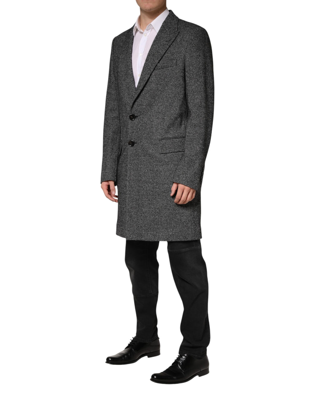 Manteau long en laine gris de Dolce & Gabbana pour homme, trench élégant avec coupe classique et détails sophistiqués.